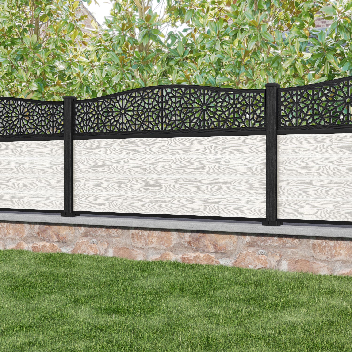 Classic Alnara Curved Top Fence Panel - Light Stone - with our composite posts
