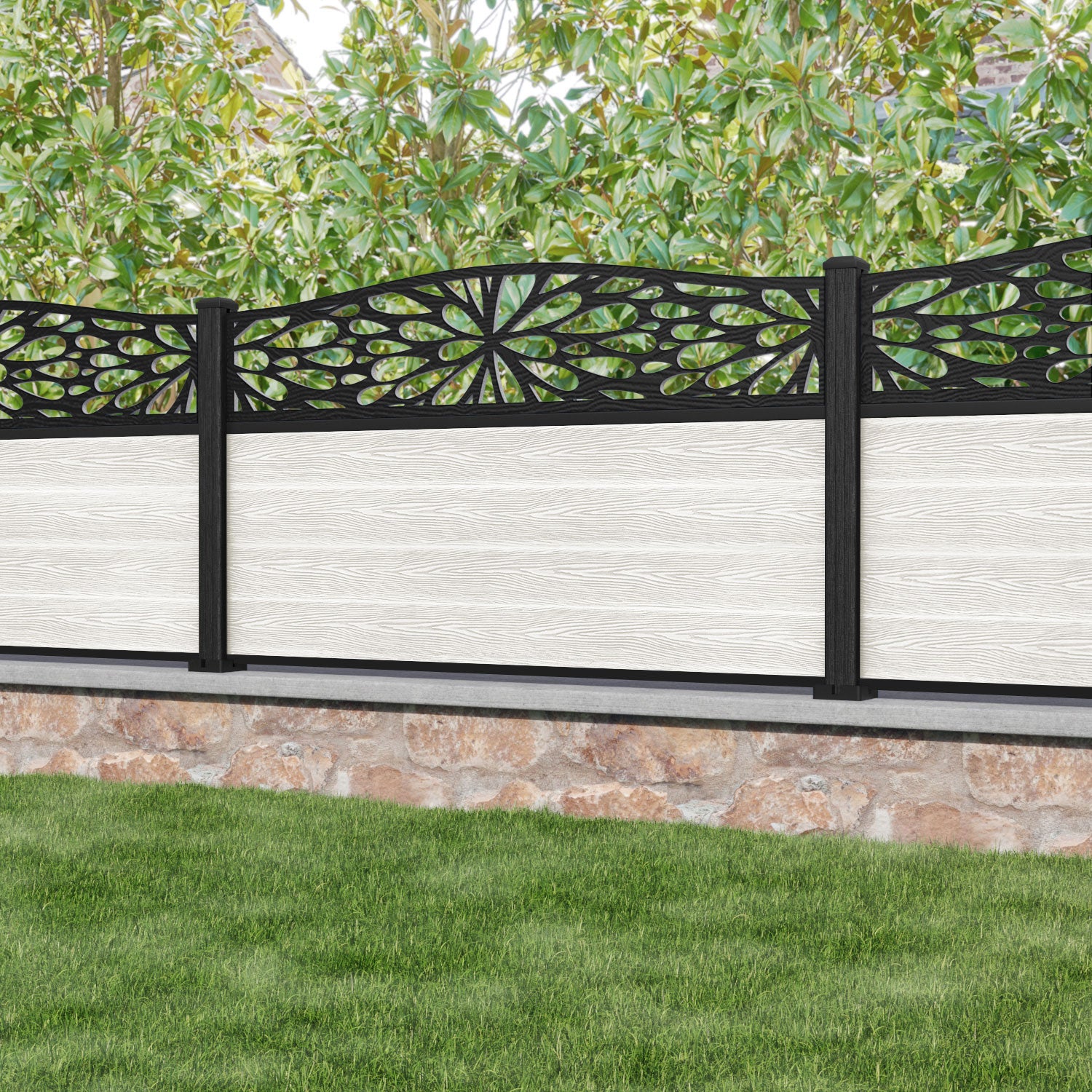 Classic Blossom Curved Top Fence Panel - Light Stone - with our composite posts