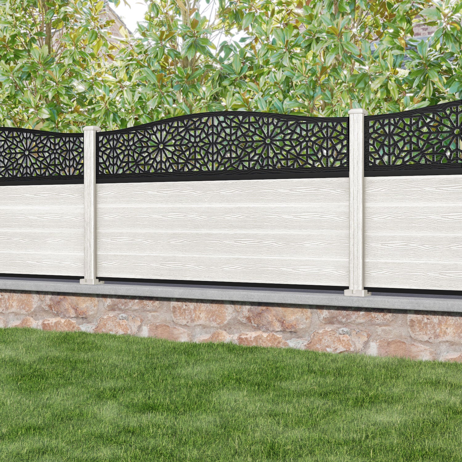 Classic Alnara Curved Top Fence Panel - Light Stone - with our composite posts