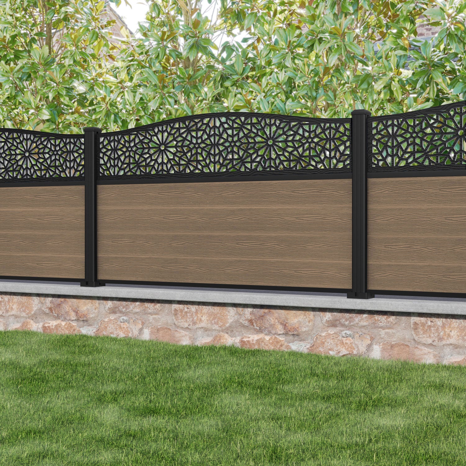 Classic Alnara Curved Top Fence Panel - Teak - with our aluminium posts