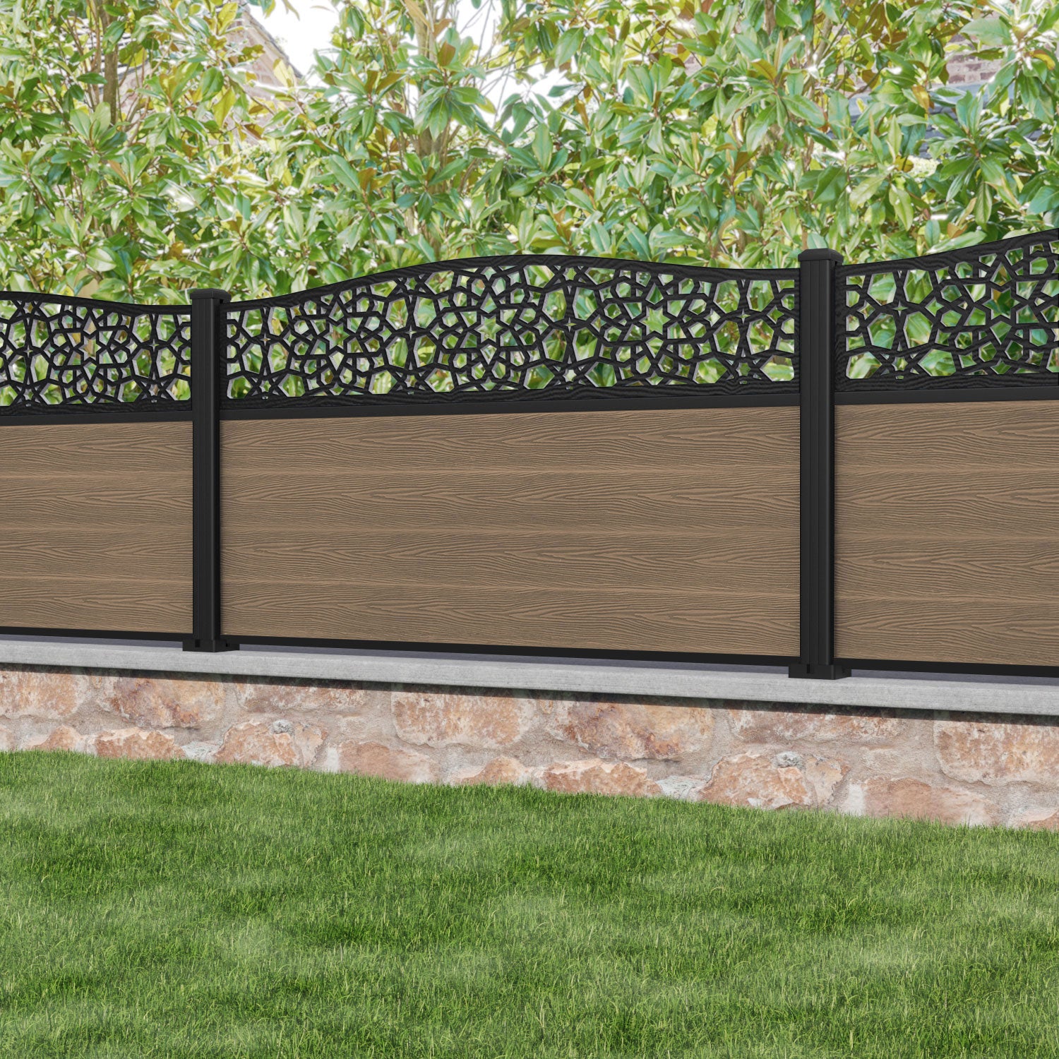 Classic Nazira Curved Top Fence Panel - Teak - with our aluminium posts
