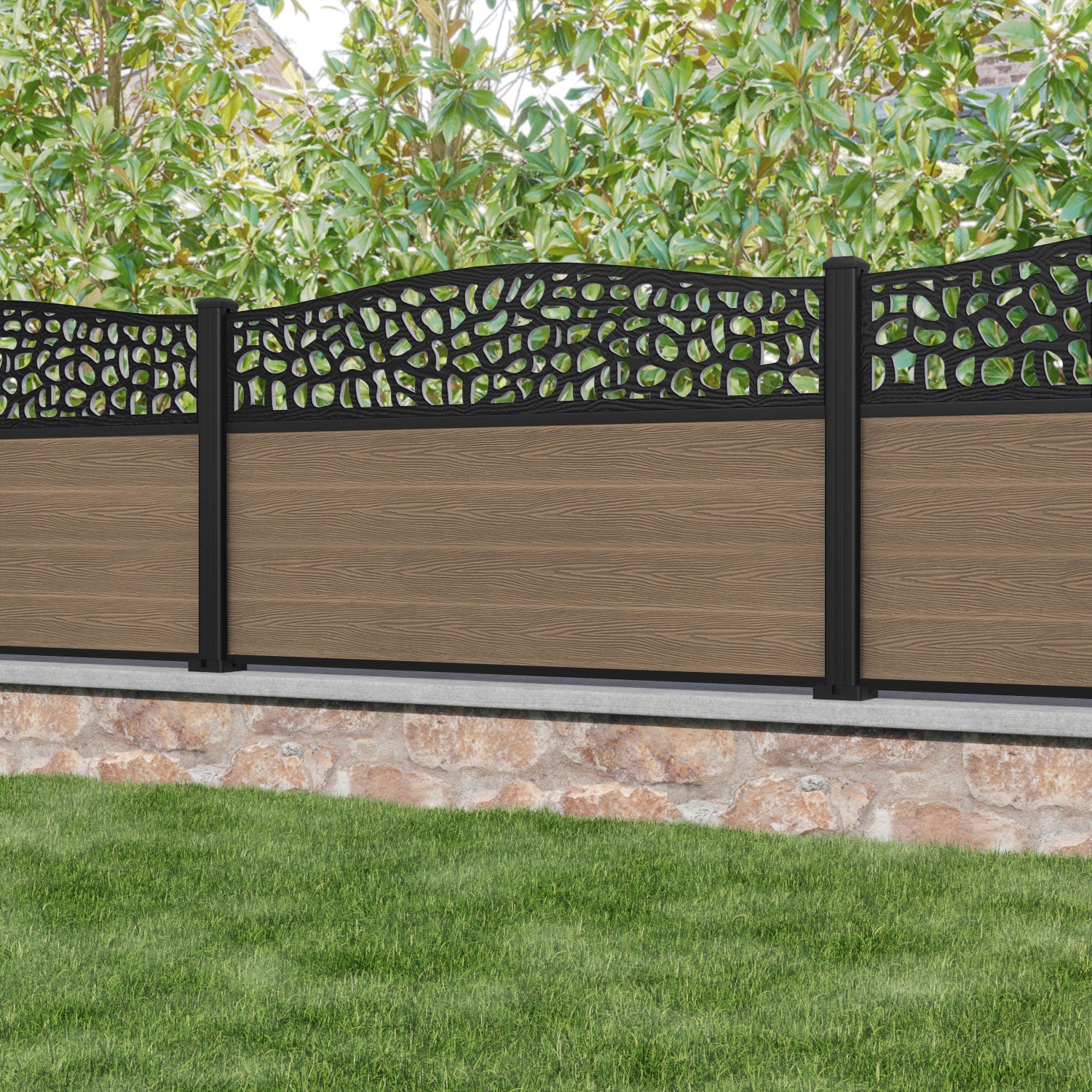 Classic Pebble Curved Top Fence Panel - Teak - with our aluminium posts