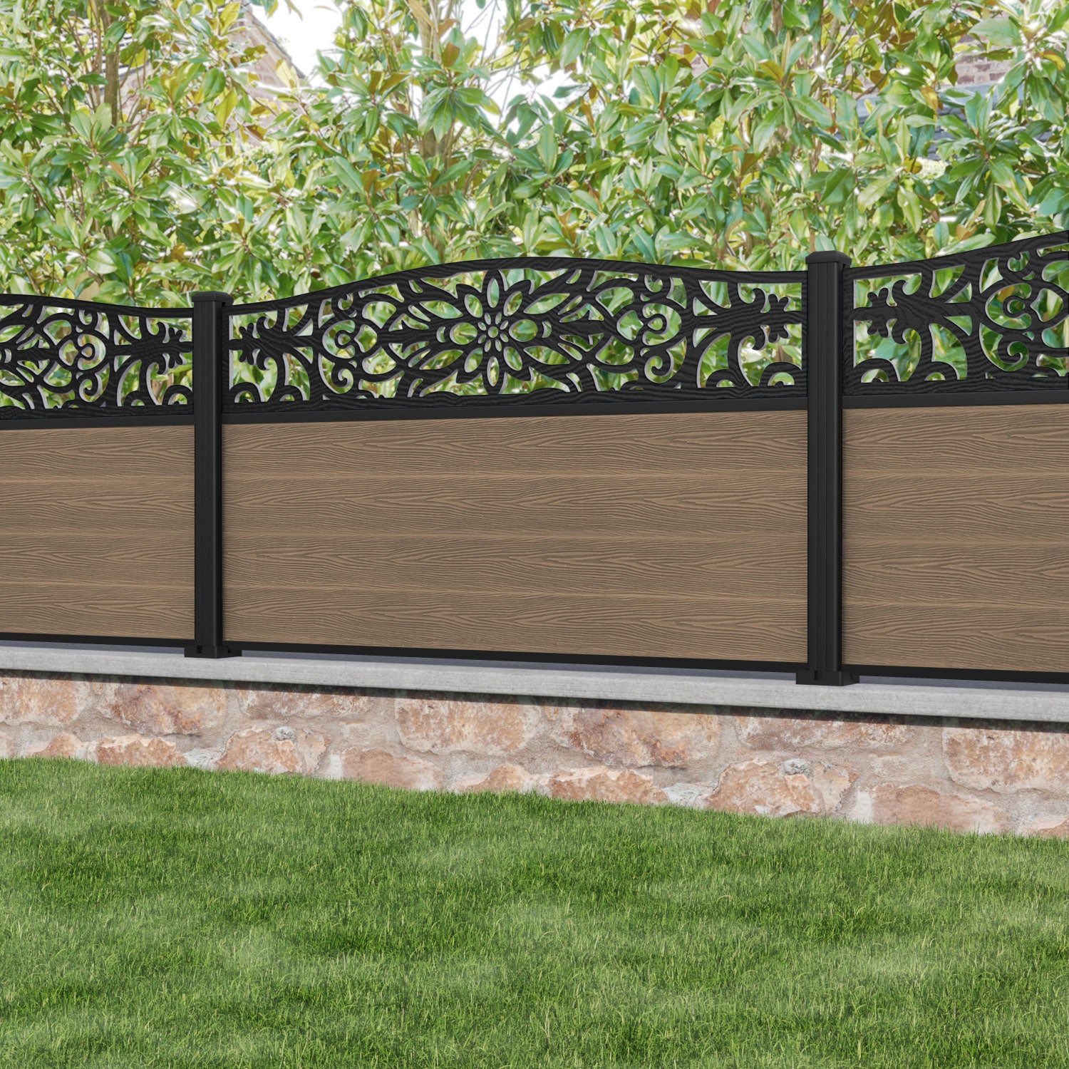 Classic Windsor Curved Top Fence Panel - Teak - with our aluminium posts