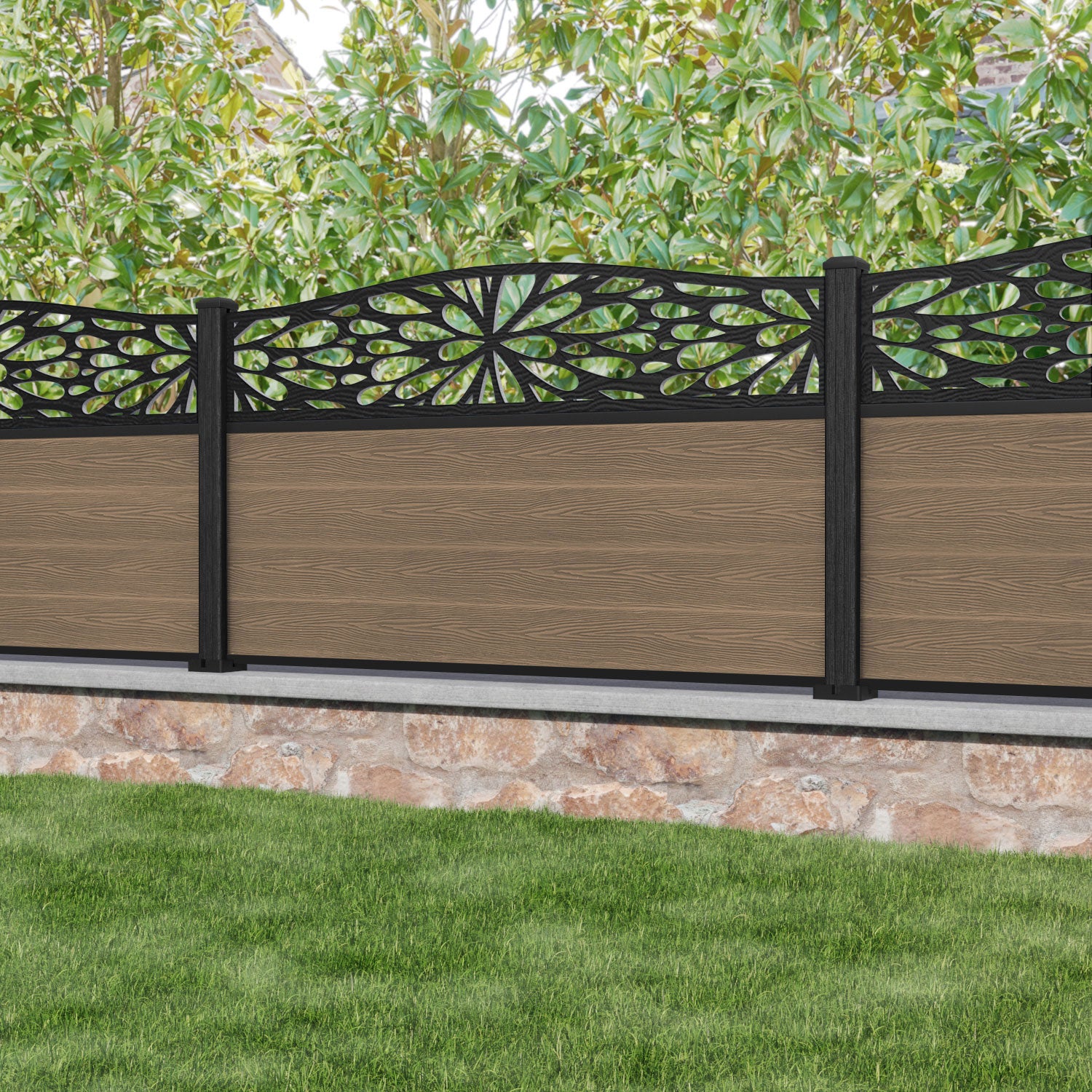 Classic Blossom Curved Top Fence Panel - Teak - with our composite posts
