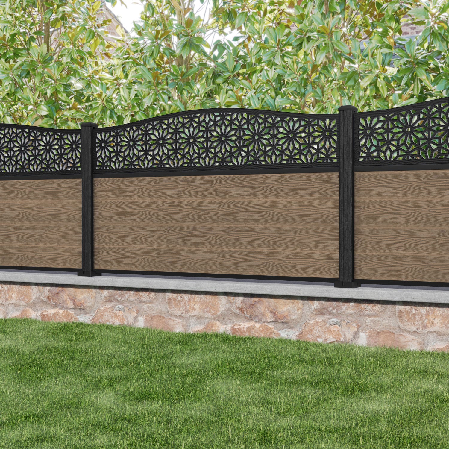 Classic Narwa Curved Top Fence Panel - Teak - with our composite posts