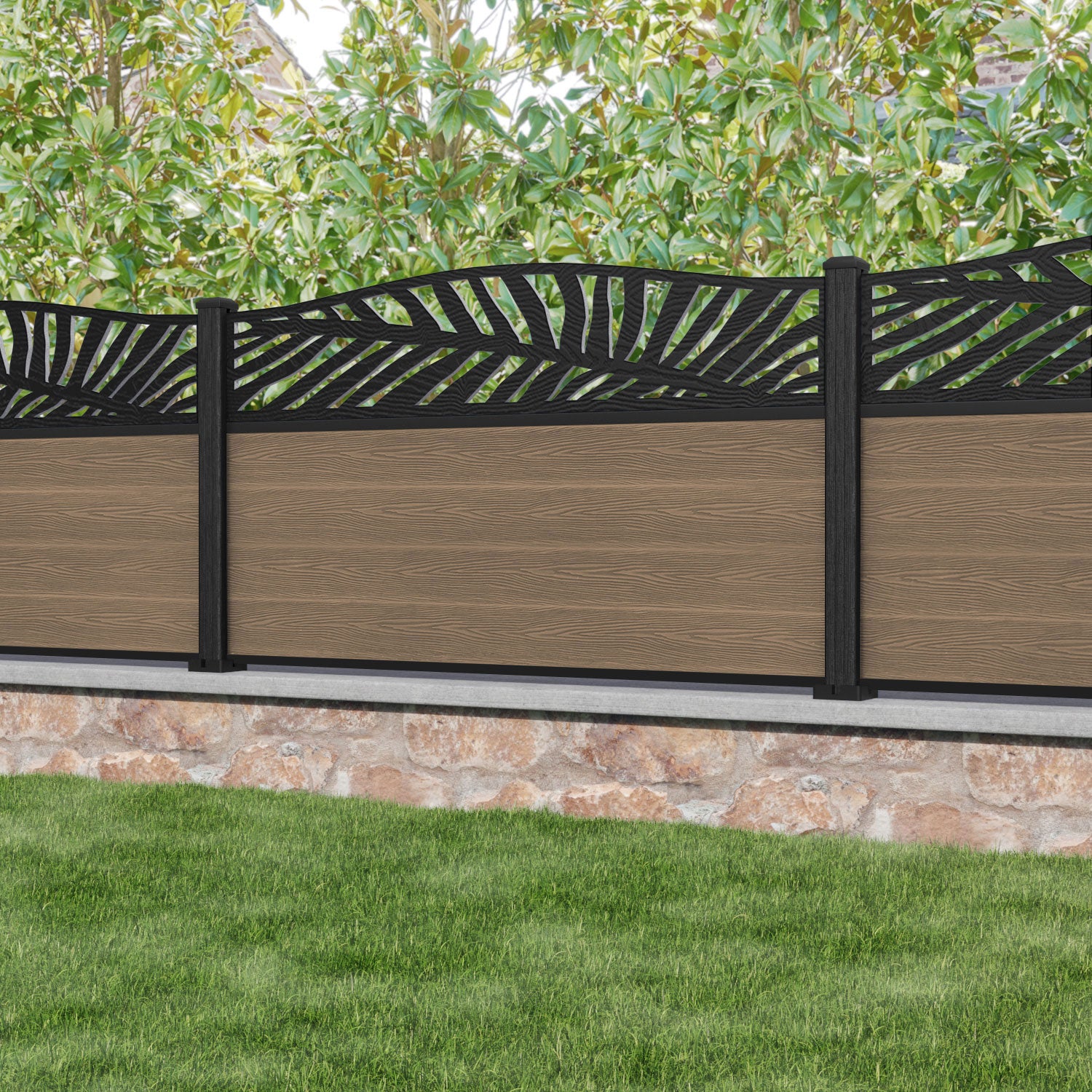 Classic Palm Curved Top Fence Panel - Teak - with our composite posts