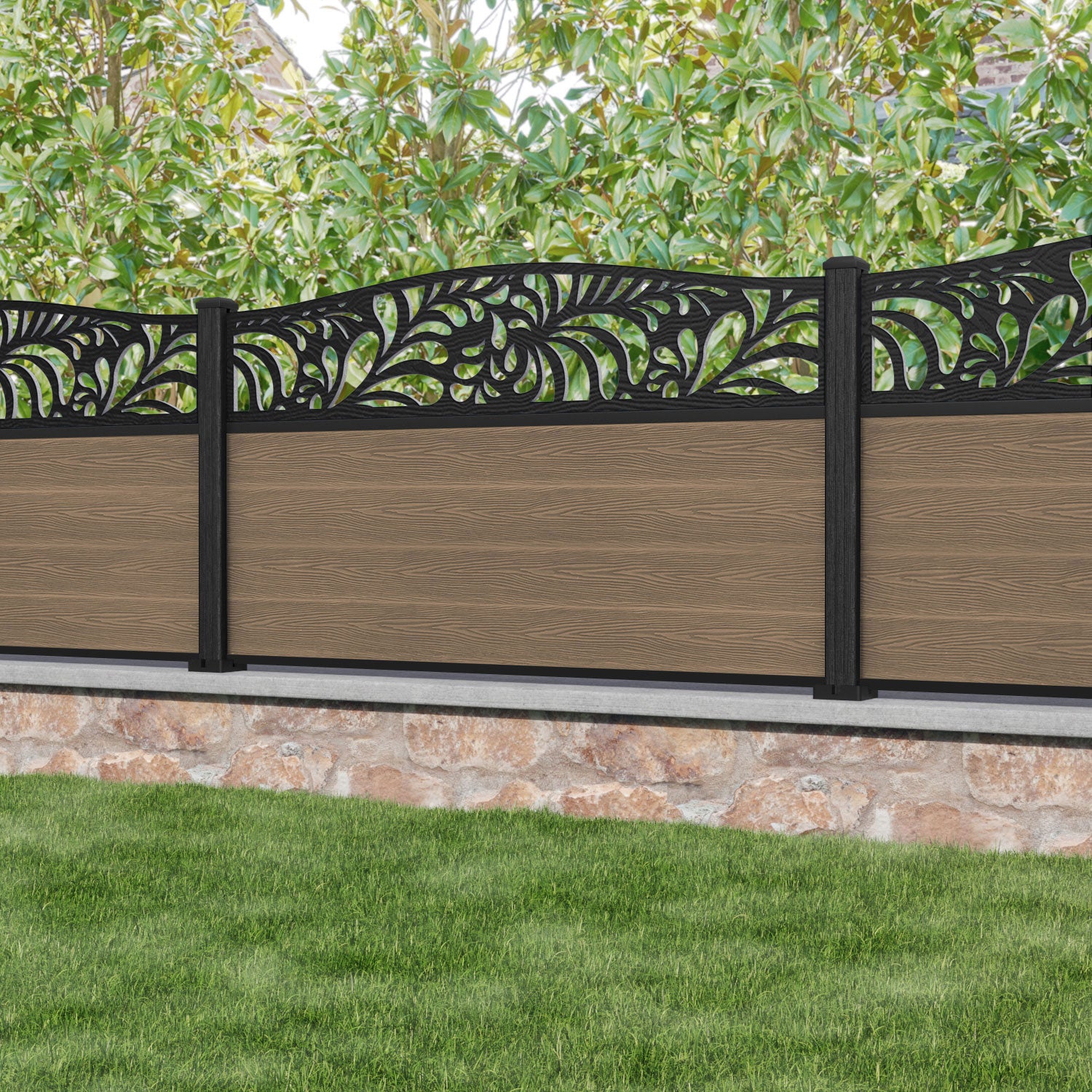 Classic Petal Curved Top Fence Panel - Teak - with our composite posts