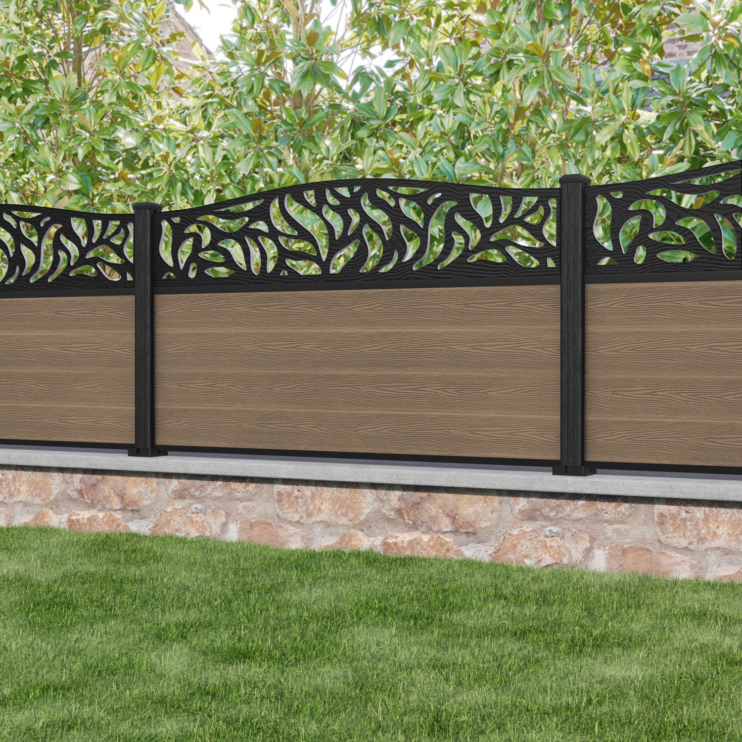Classic Plume Curved Top Fence Panel - Teak - with our composite posts