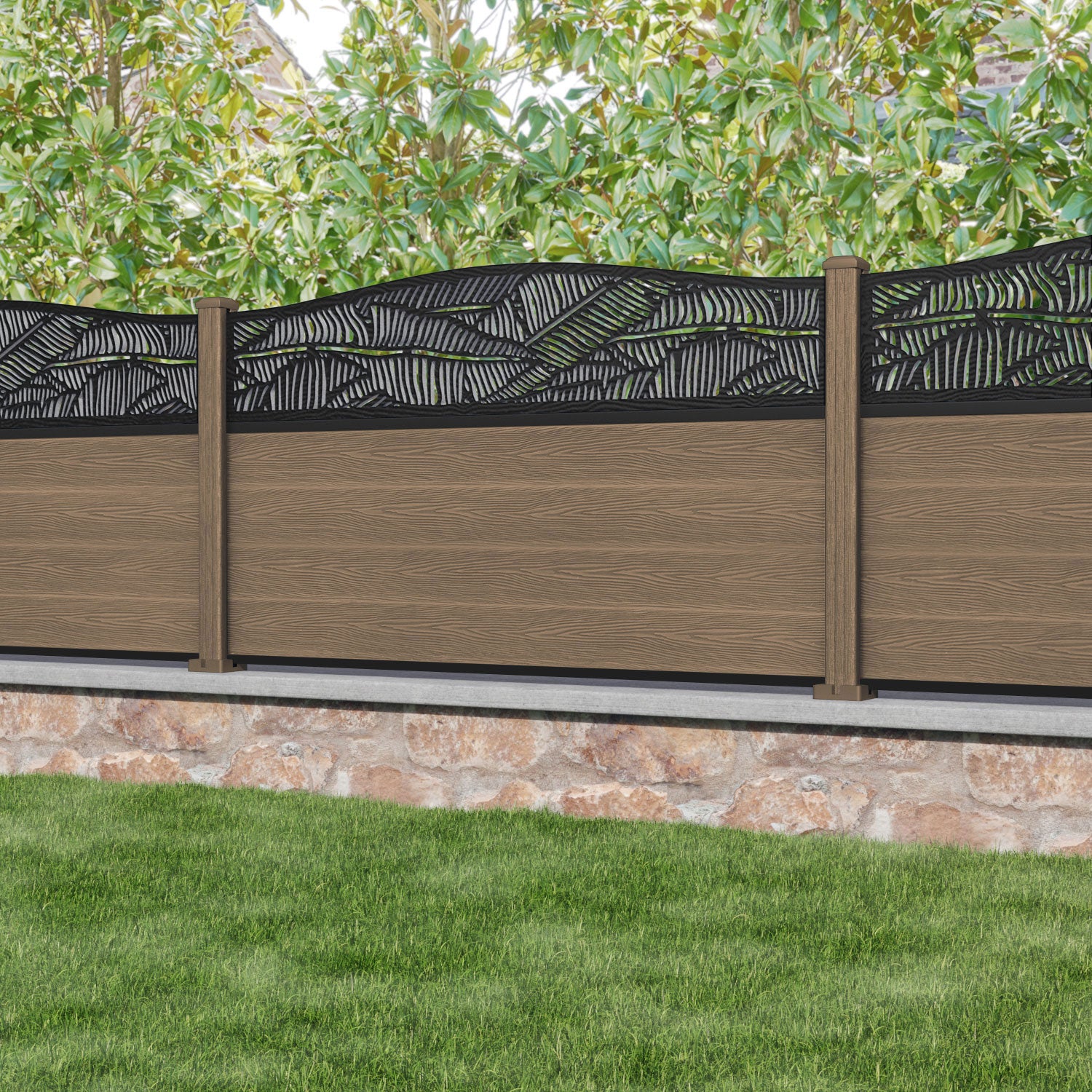 Classic Feather Curved Top Fence Panel - Teak - with our composite posts