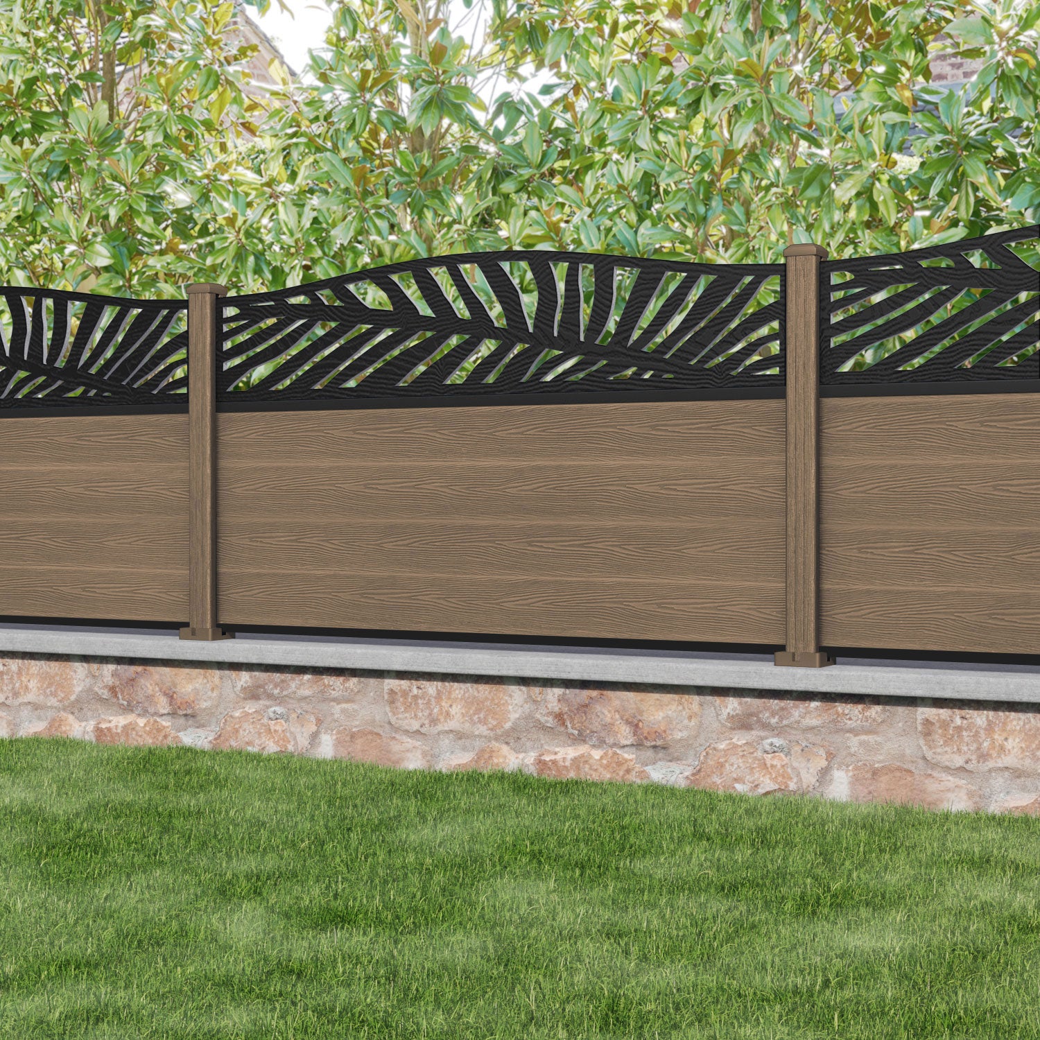 Classic Palm Curved Top Fence Panel - Teak - with our composite posts