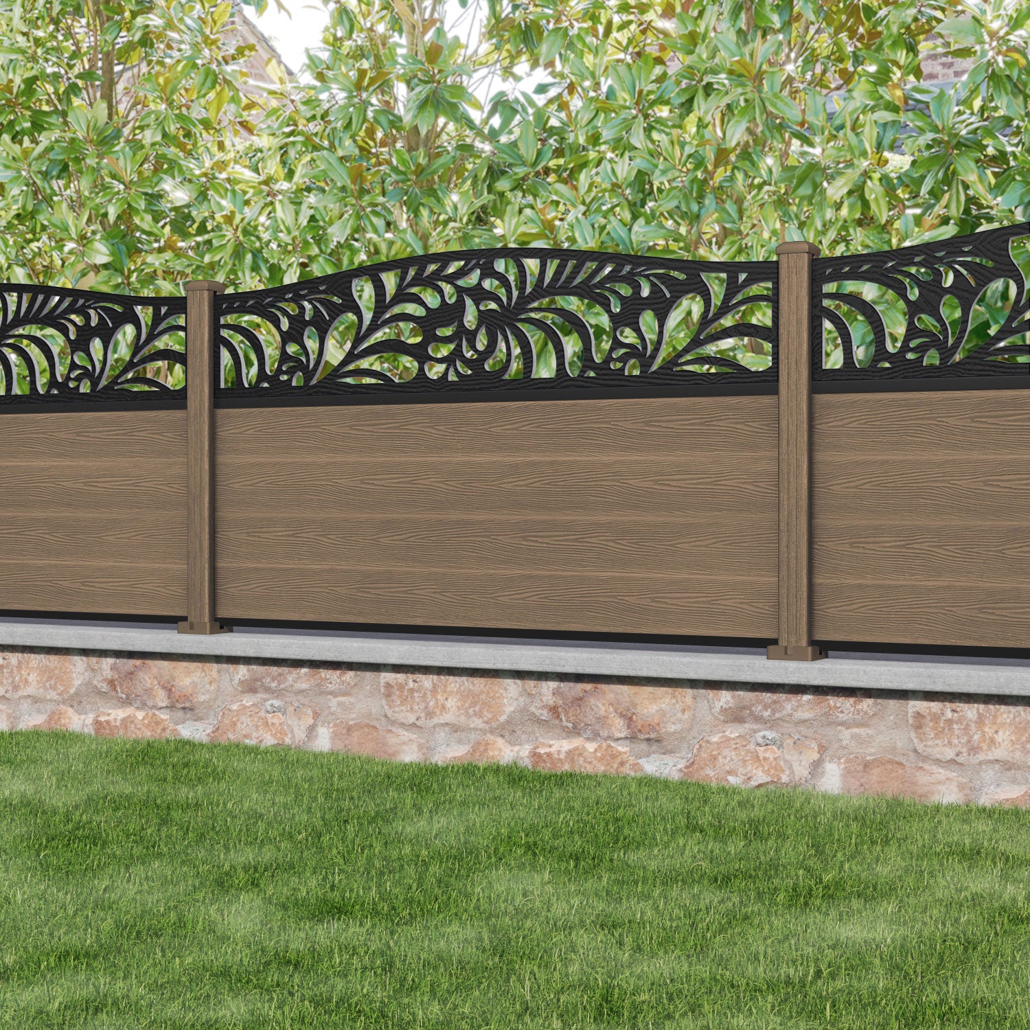 Classic Petal Curved Top Fence Panel - Teak - with our composite posts