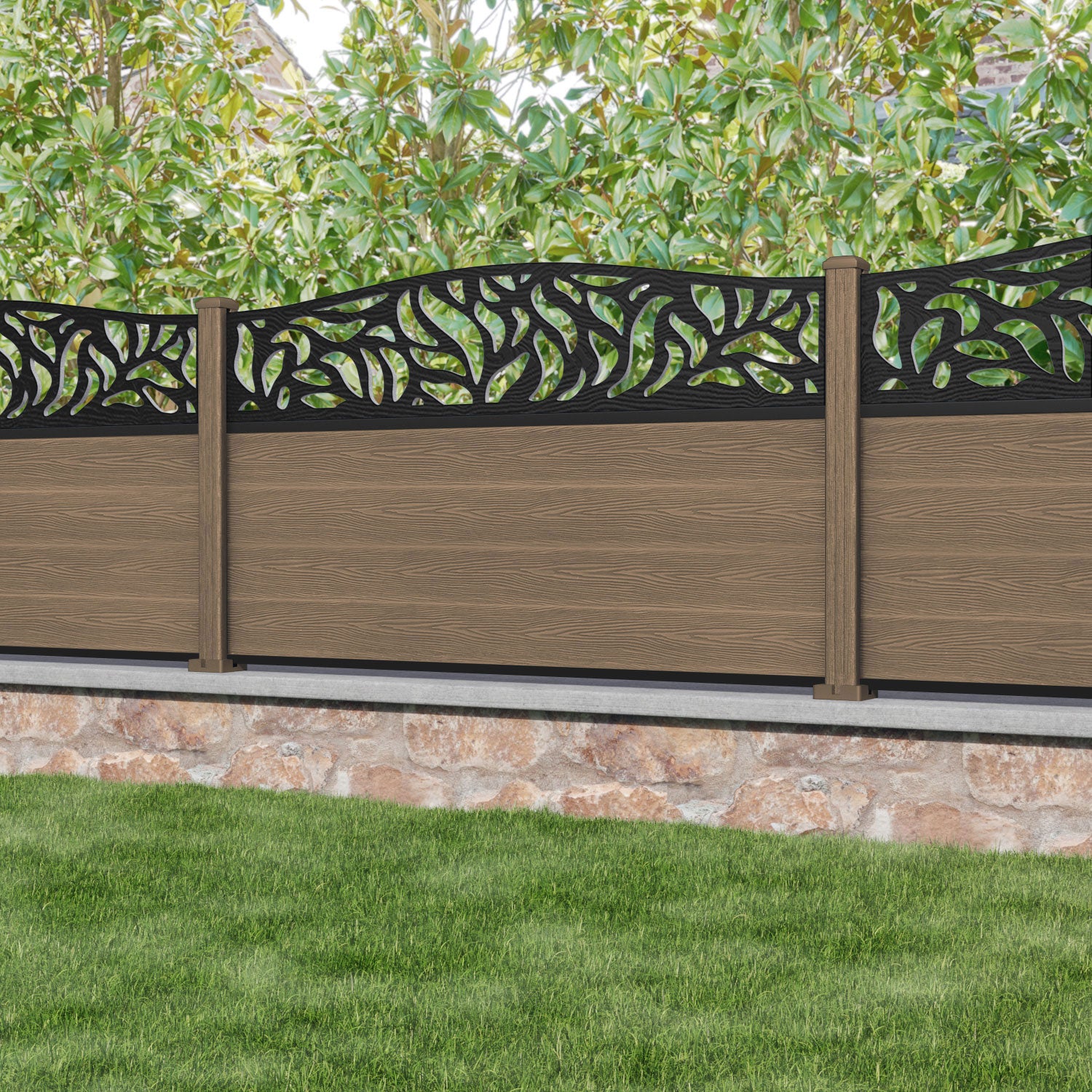 Classic Plume Curved Top Fence Panel - Teak - with our composite posts