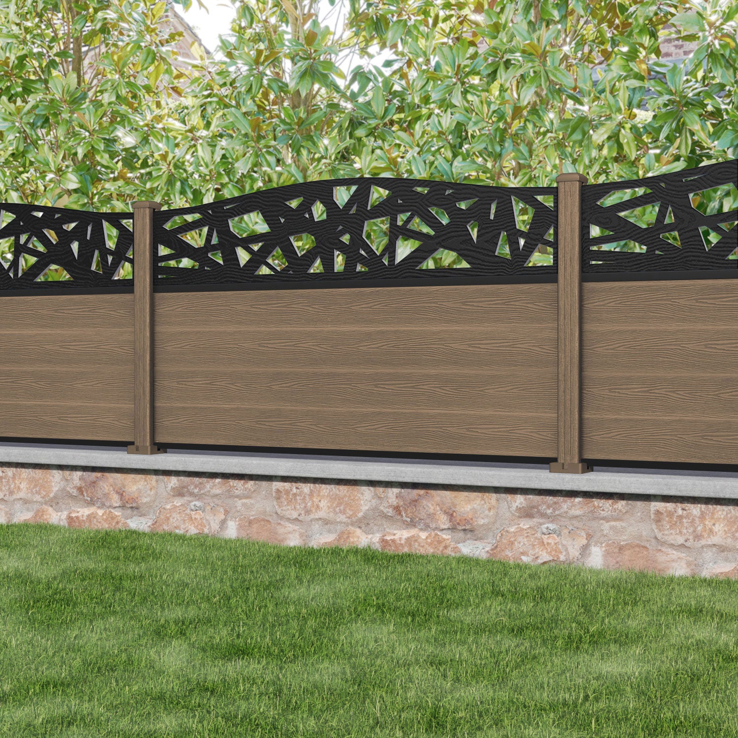 Classic Prism Curved Top Fence Panel - Teak - with our composite posts