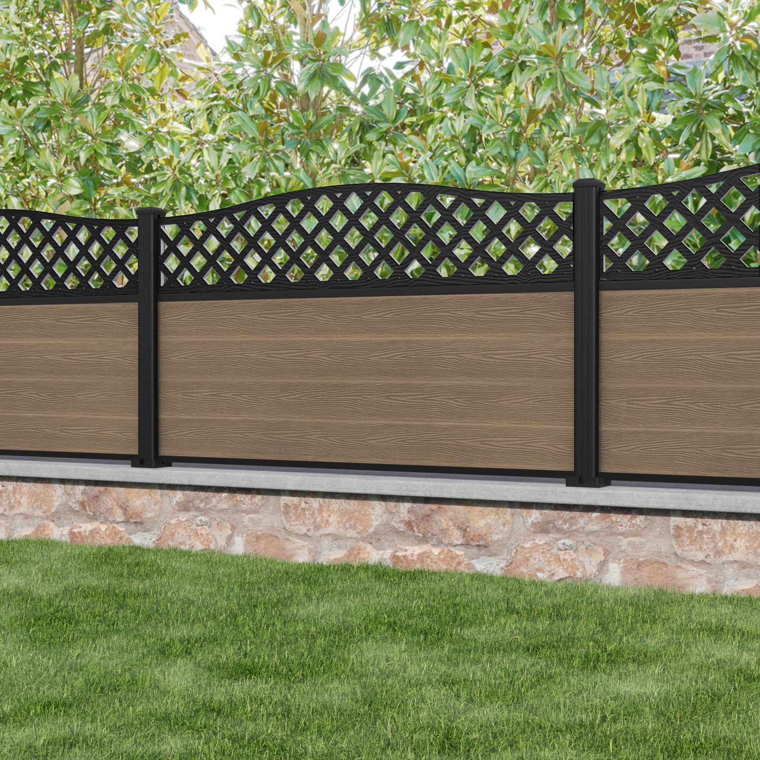 Classic High Wave Fence Panel - Teak - with our aluminium posts
