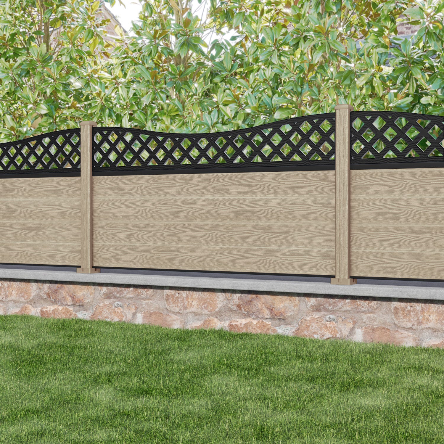 Classic Low Wave Fence Panel - Light Oak - with our composite posts