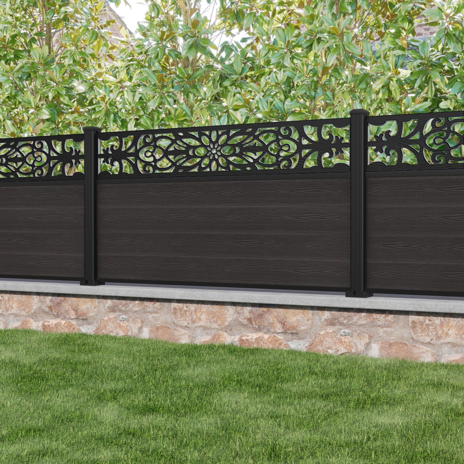 Classic Windsor Fence Panel - Dark Oak - with our aluminium posts