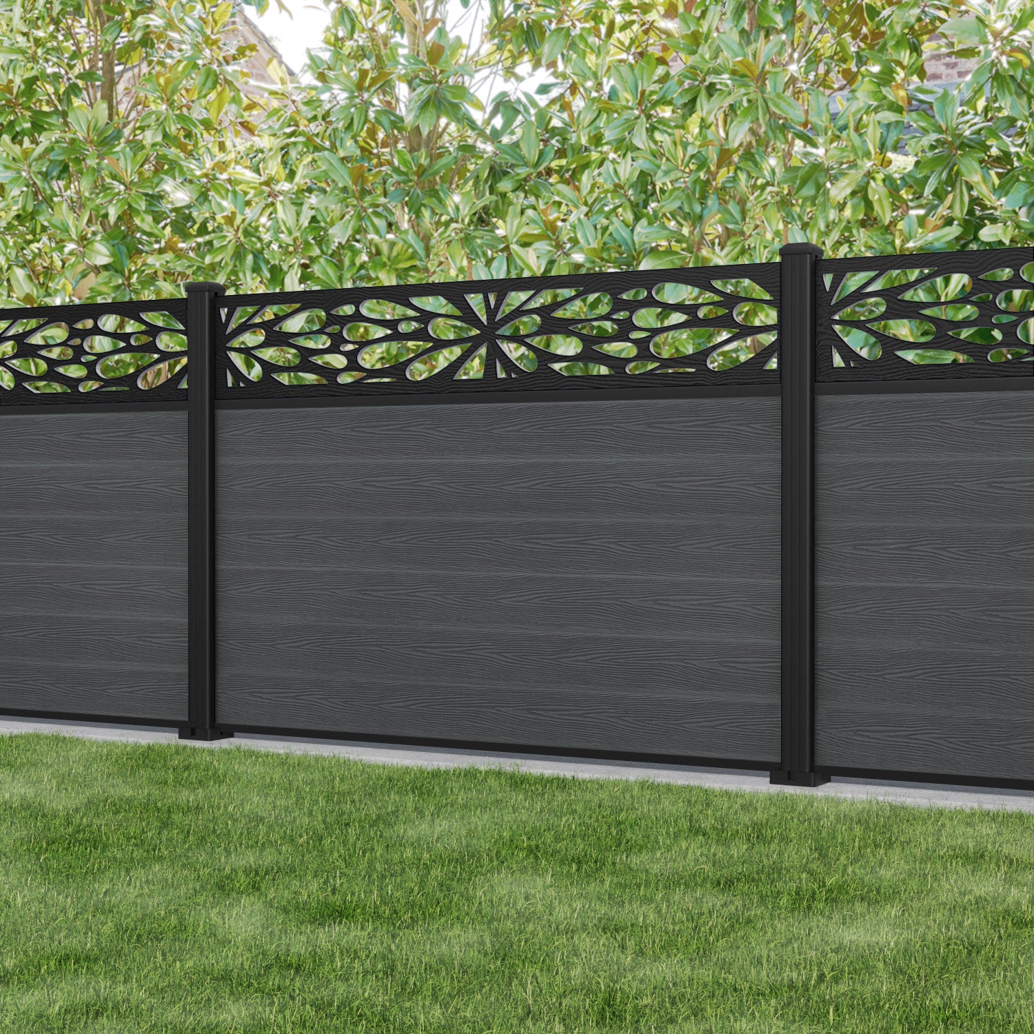 Classic Blossom Fence Panel - Dark Grey - with our aluminium posts