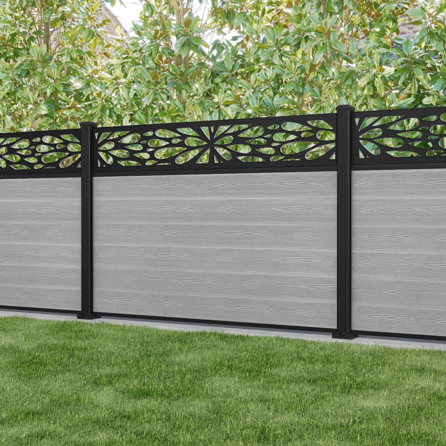 Classic Blossom Fence Panel - Light Grey - with our aluminium posts