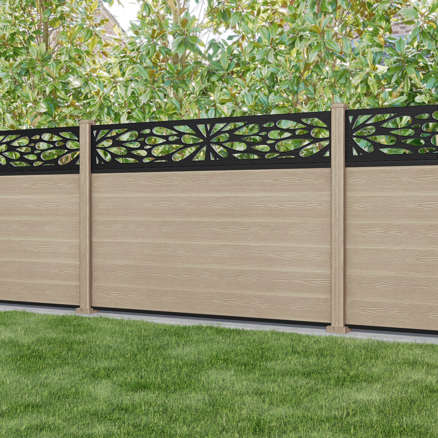 Classic Blossom Fence Panel - Light Oak - with our composite posts