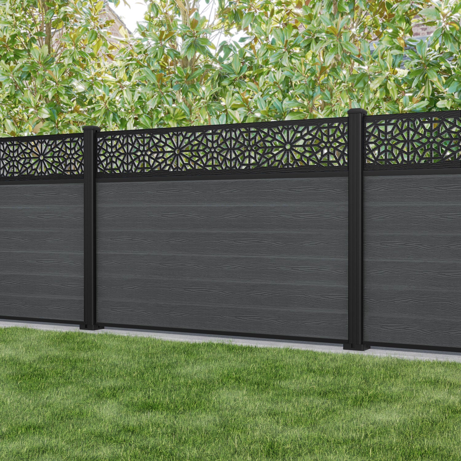 Classic Alnara Fence Panel - Dark Grey - with our aluminium posts