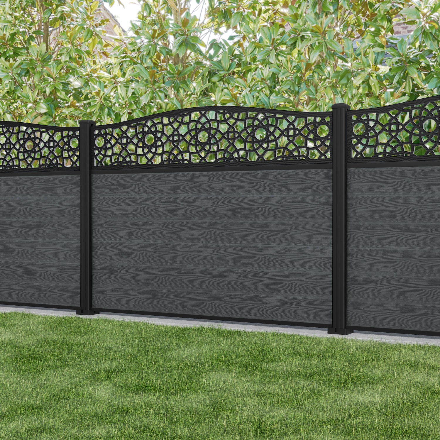 Classic Ambar Curved Top Fence Panel - Dark Grey - with our aluminium posts