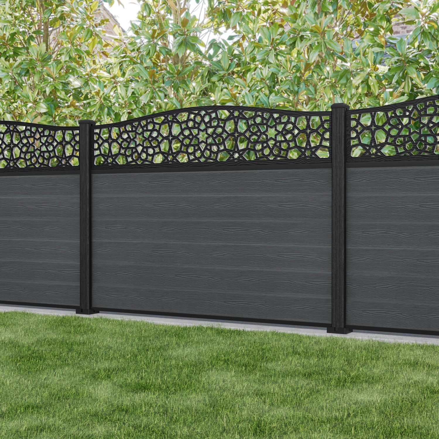 Classic Nazira Curved Top Fence Panel - Dark Grey - with our composite posts