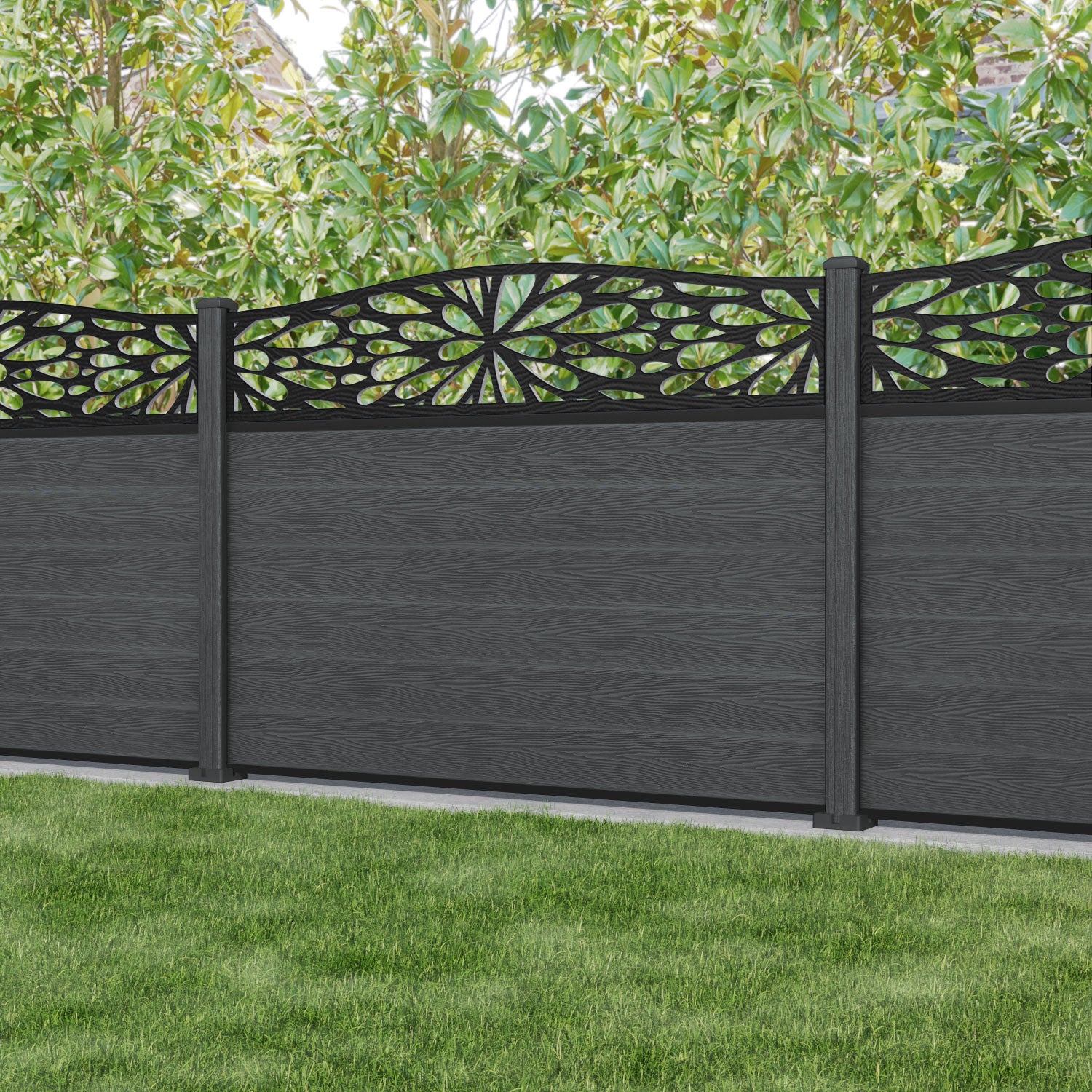 Classic Blossom Curved Top Fence Panel - Dark Grey - with our composite posts