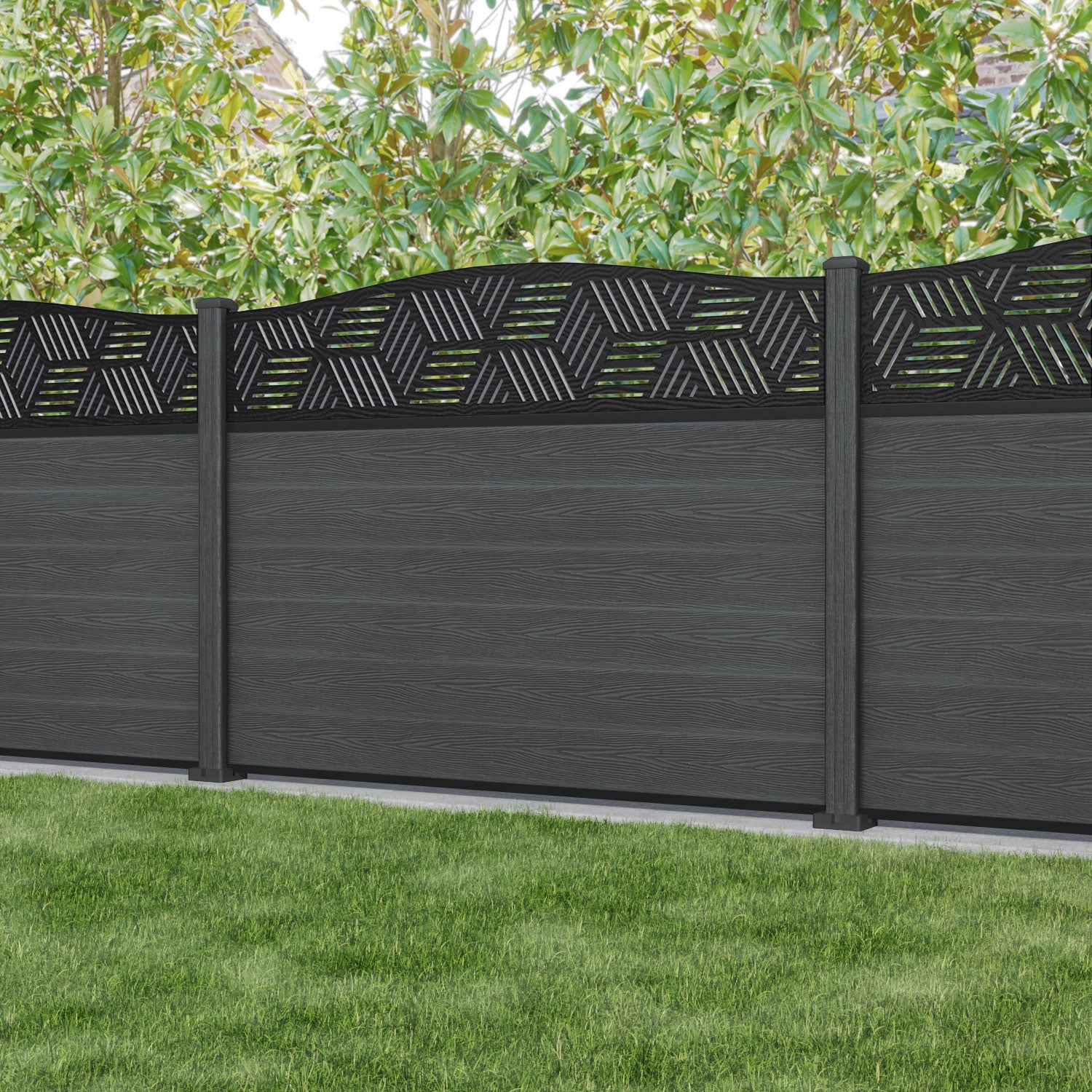 Classic Cubed Curved Top Fence Panel - Dark Grey - with our composite posts