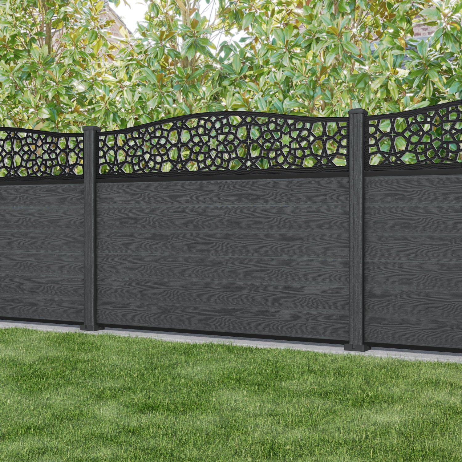 Classic Nazira Curved Top Fence Panel - Dark Grey - with our composite posts