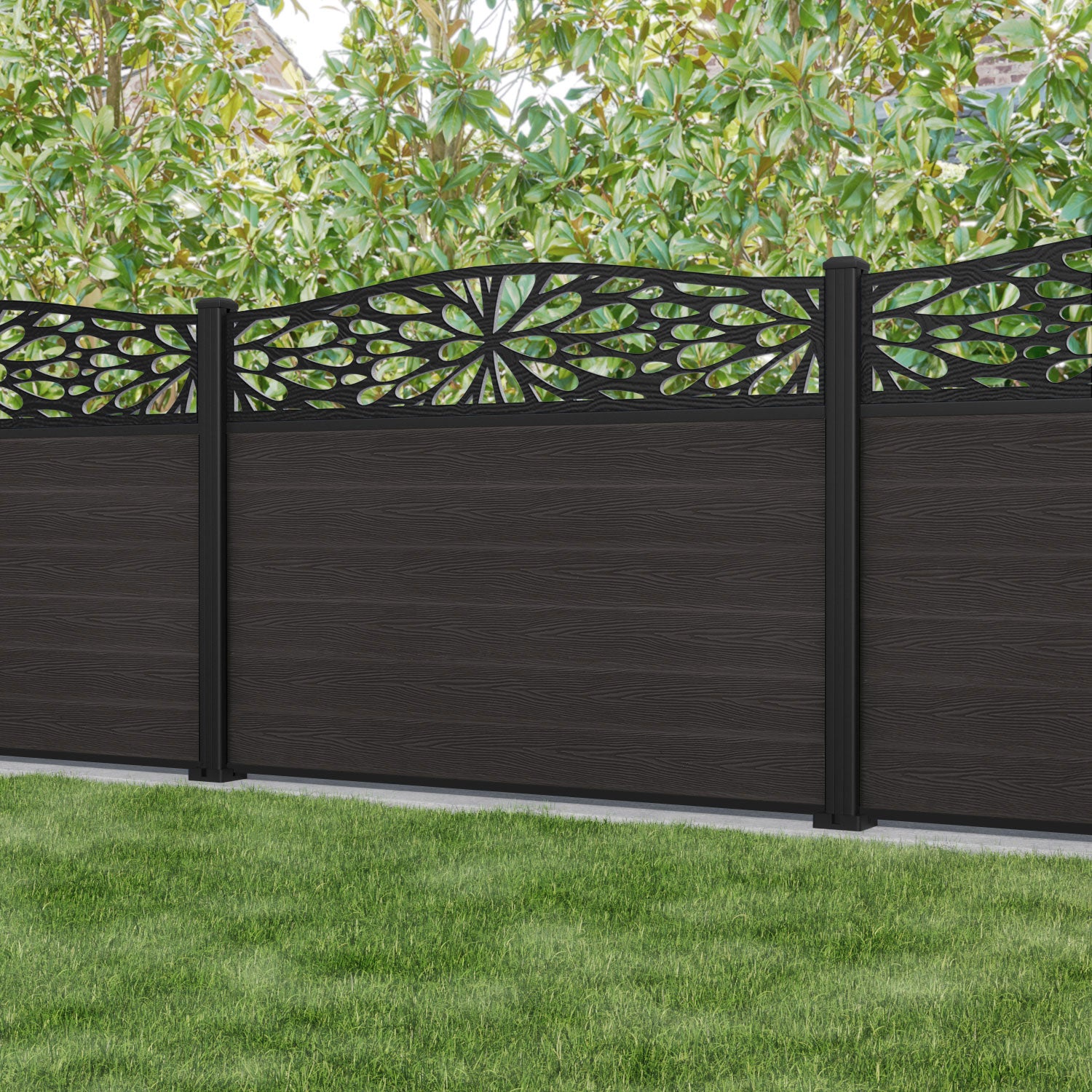 Classic Blossom Curved Top Fence Panel - Dark Oak - with our aluminium posts