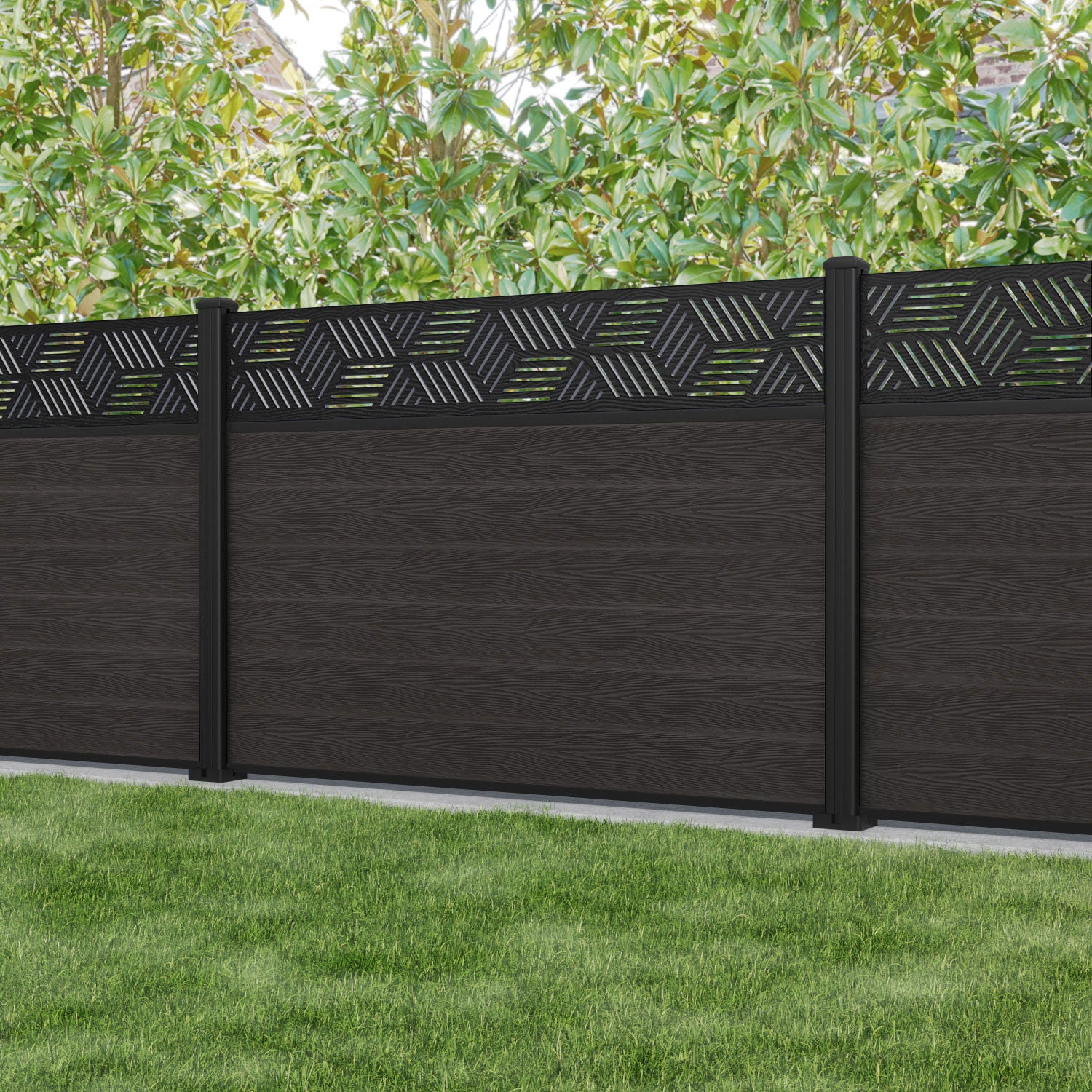 Classic Cubed Fence Panel - Dark Oak - with our aluminium posts