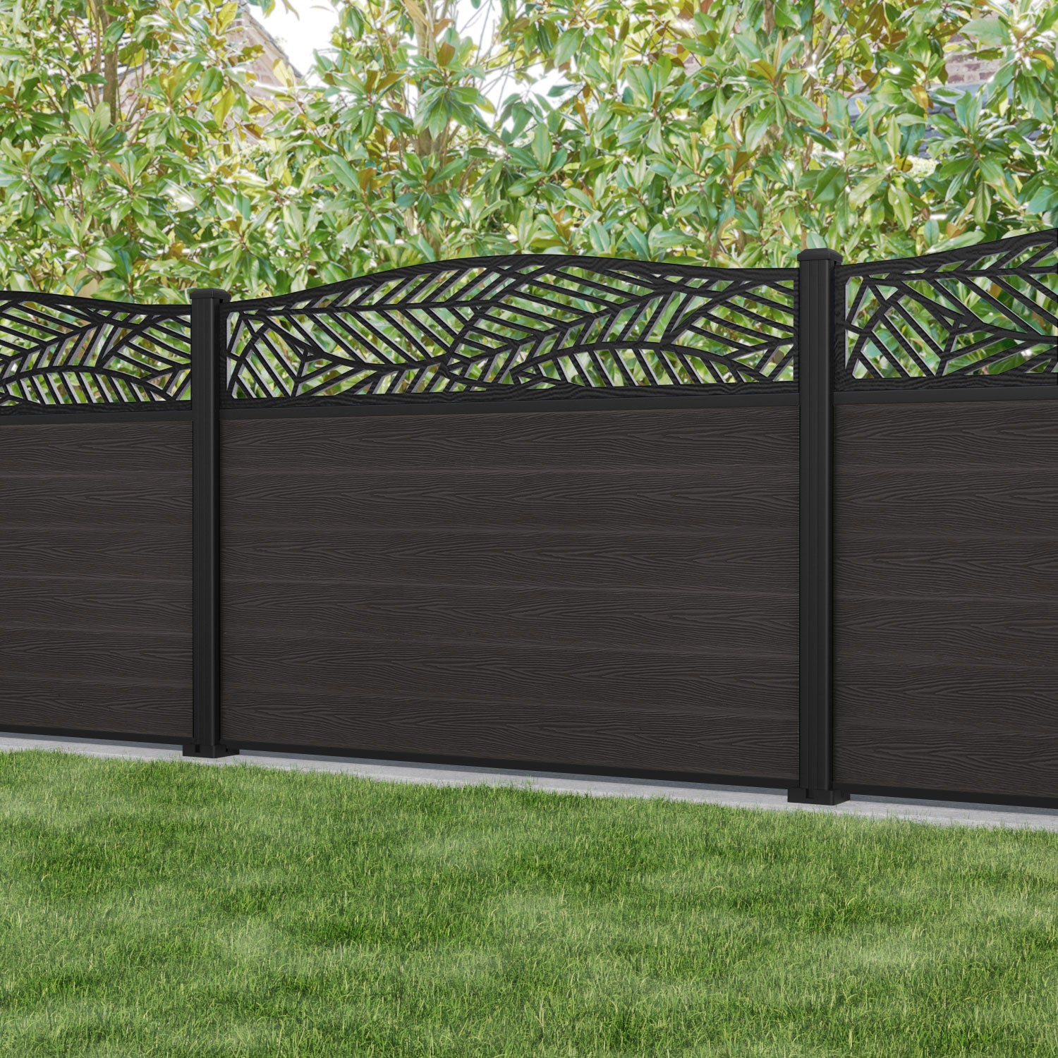 Classic Habitat Curved Top Fence Panel - Dark Oak - with our aluminium posts