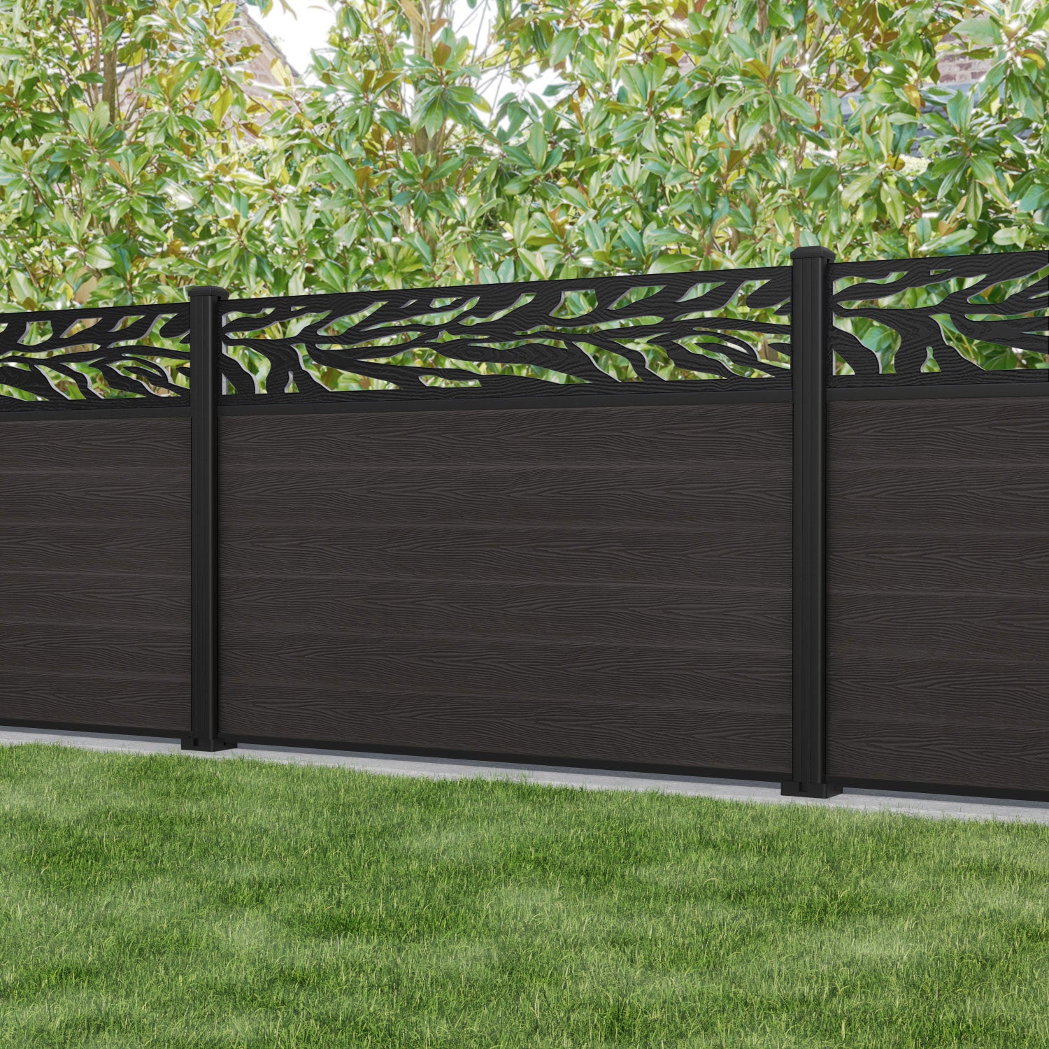 Classic Malawi Fence Panel - Dark Oak - with our aluminium posts