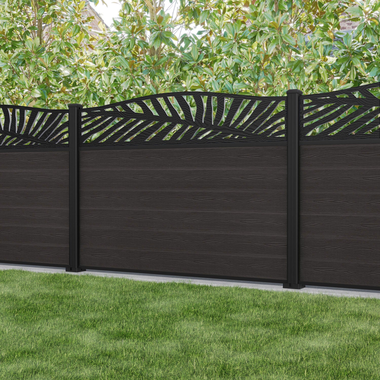 Classic Palm Curved Top Fence Panel - Dark Oak - with our aluminium posts