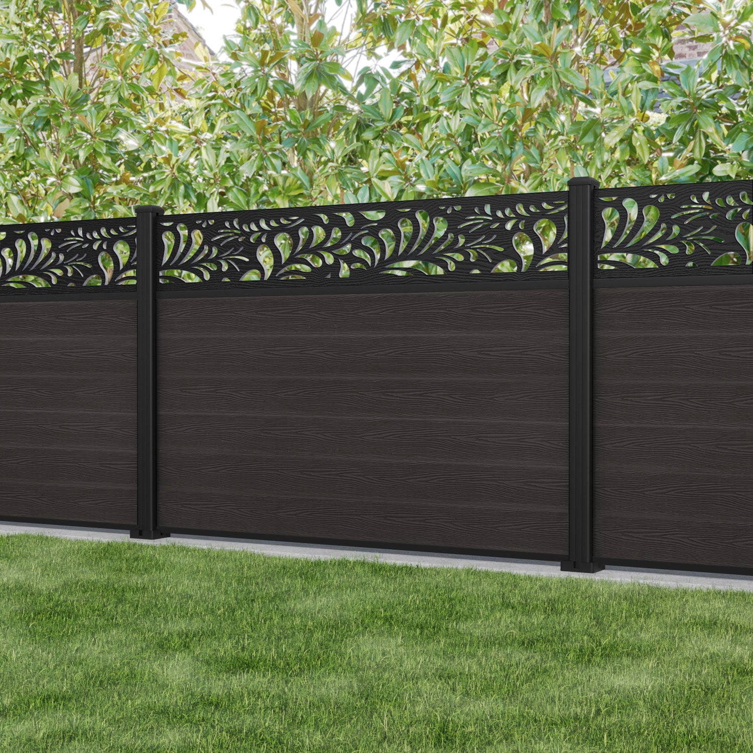 Classic Petal Fence Panel - Dark Oak - with our aluminium posts