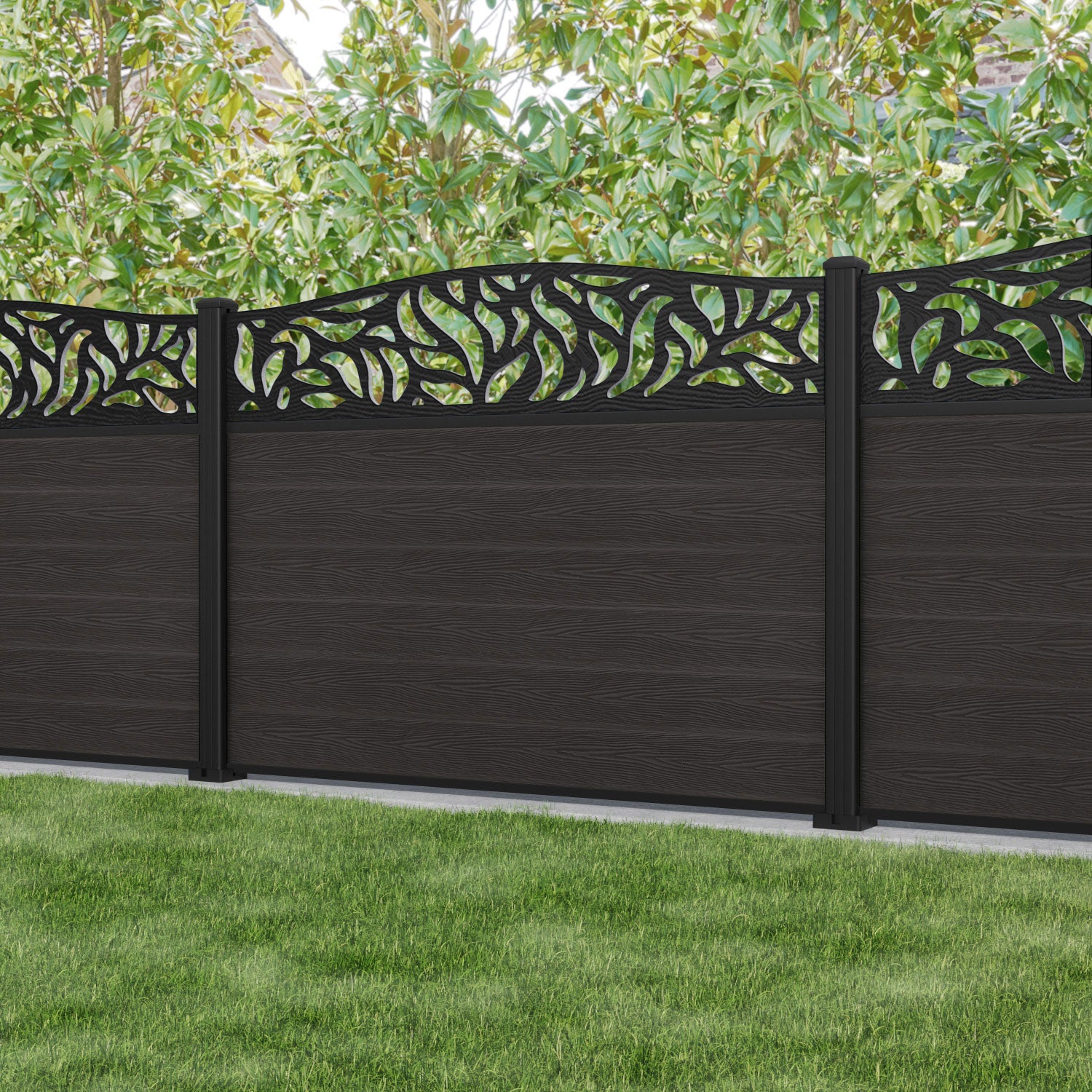 Classic Plume Curved Top Fence Panel - Dark Oak - with our aluminium posts