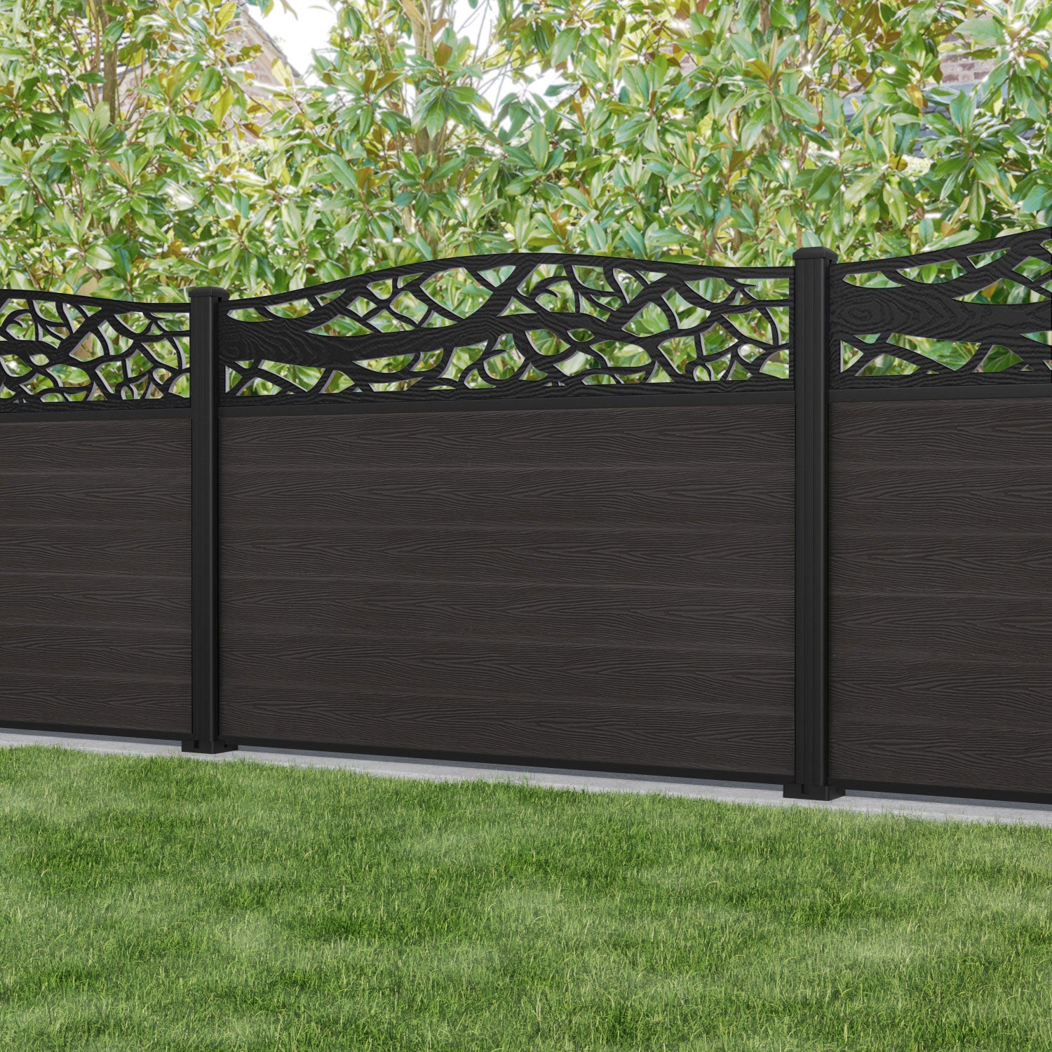 Classic Twilight Curved Top Fence Panel - Dark Oak - with our aluminium posts