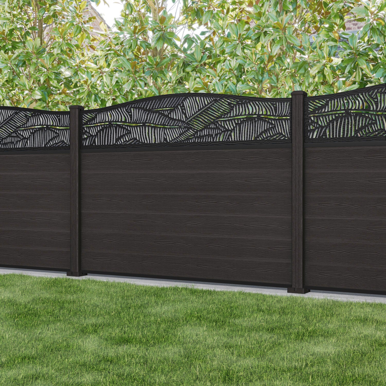 Classic Feather Curved Top Fence Panel - Dark Oak - with our composite posts