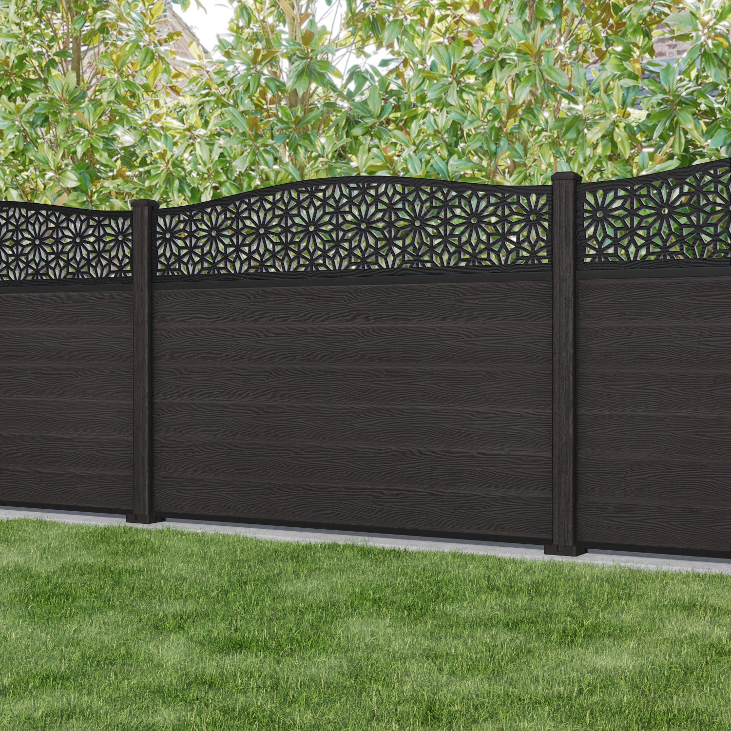 Classic Narwa Curved Top Fence Panel - Dark Oak - with our composite posts