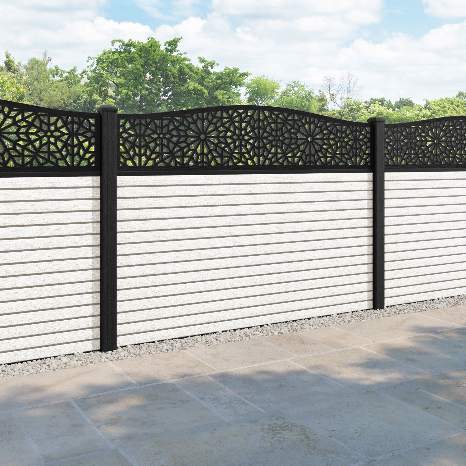 Hudson Alnara Curved Top Fence Panel - Light Stone - with our composite posts