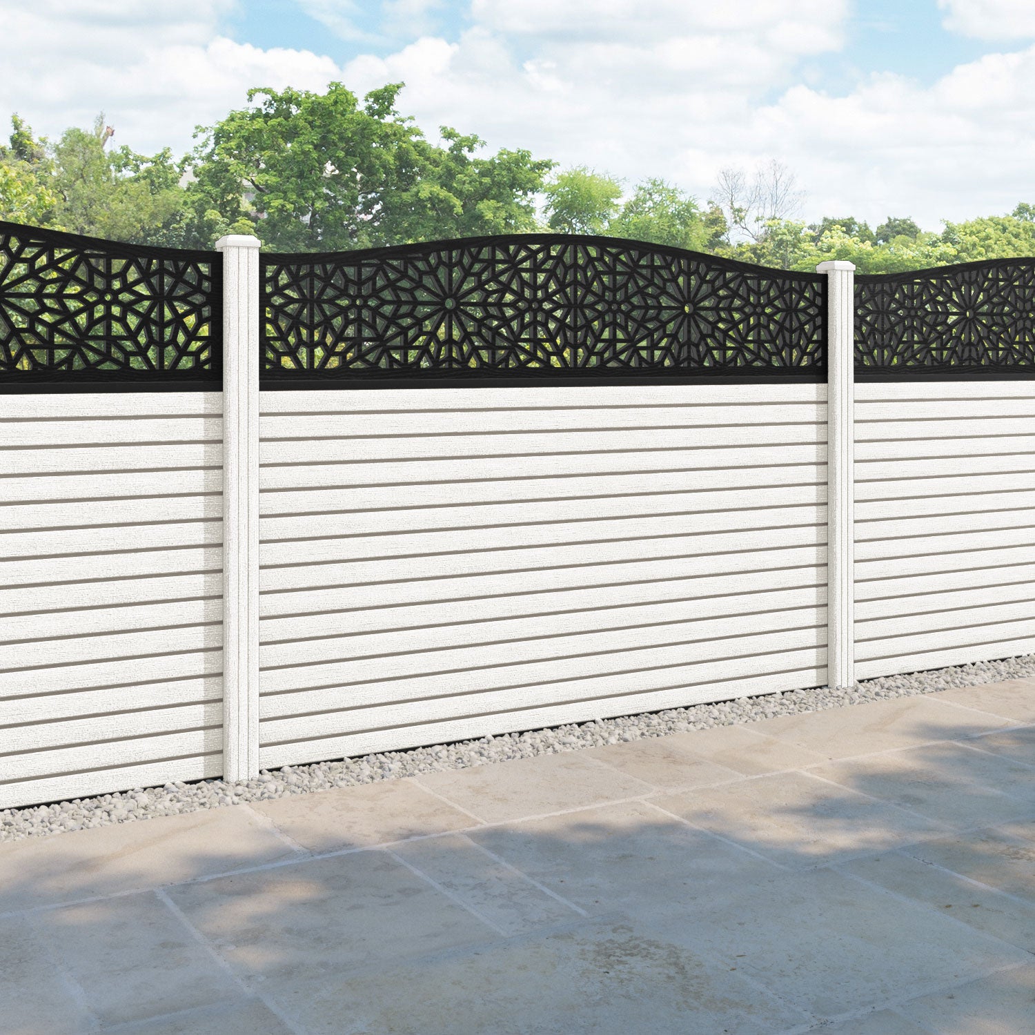 Hudson Alnara Curved Top Fence Panel - Light Stone - with our composite posts