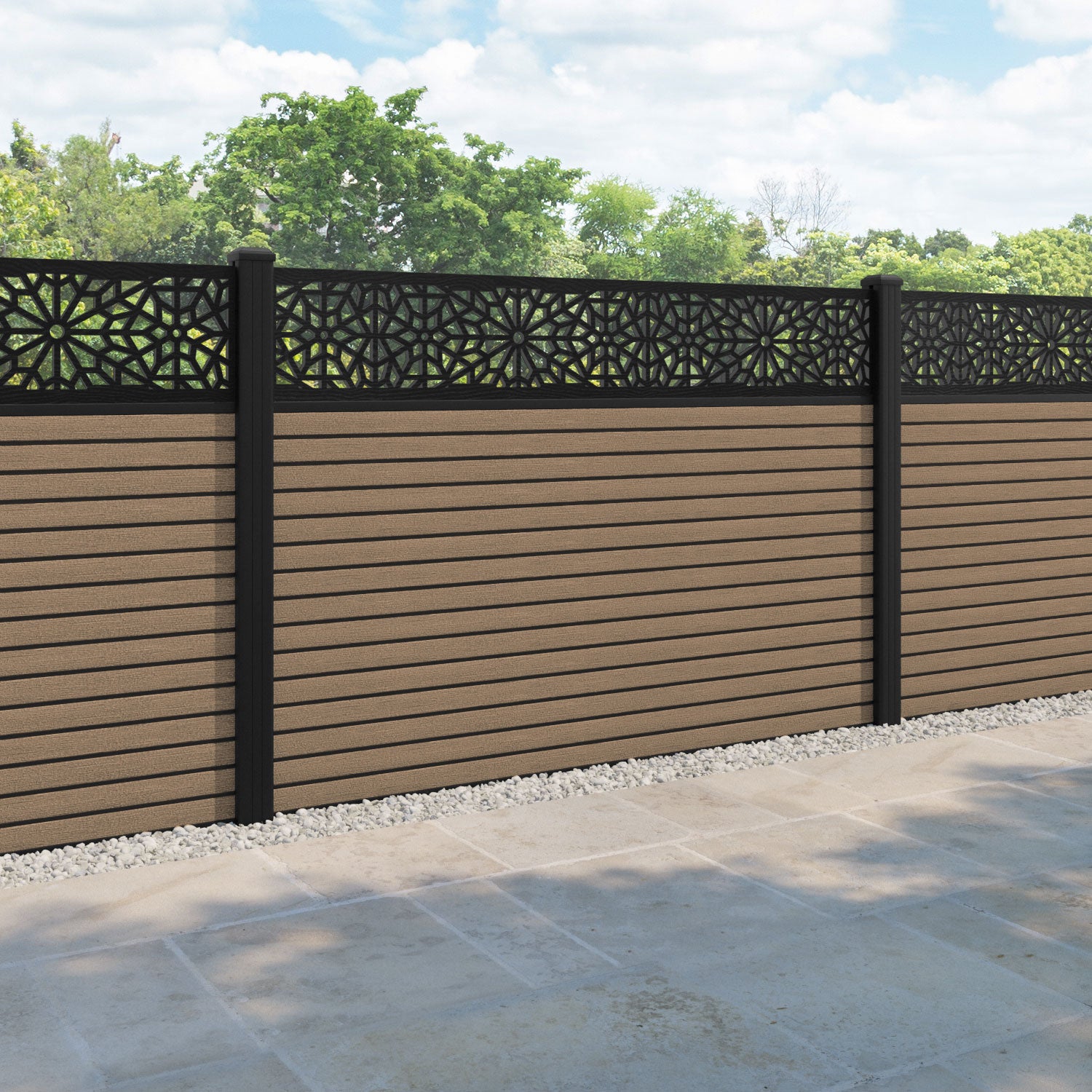 Hudson Alnara Fence Panel - Teak - with our aluminium posts