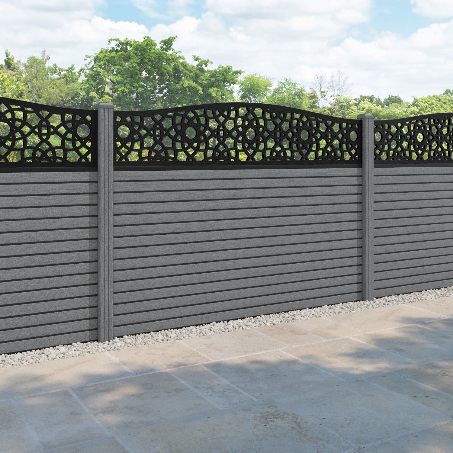 Hudson Ambar Curved Top Fence Panel - Mid Grey - with our composite posts