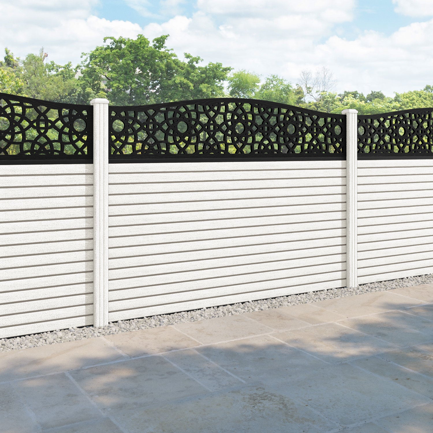 Hudson Ambar Curved Top Fence Panel - Light Stone - with our composite posts