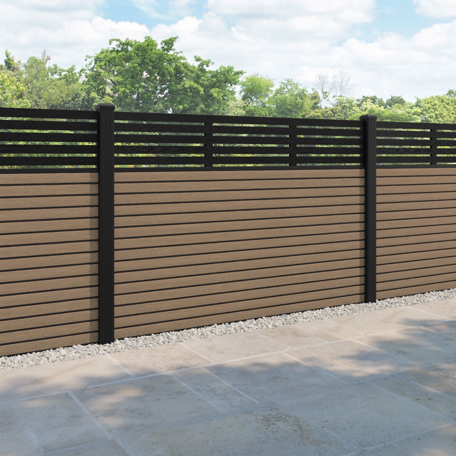 Hudson Aspen Fence Panel - Teak - with our aluminium posts