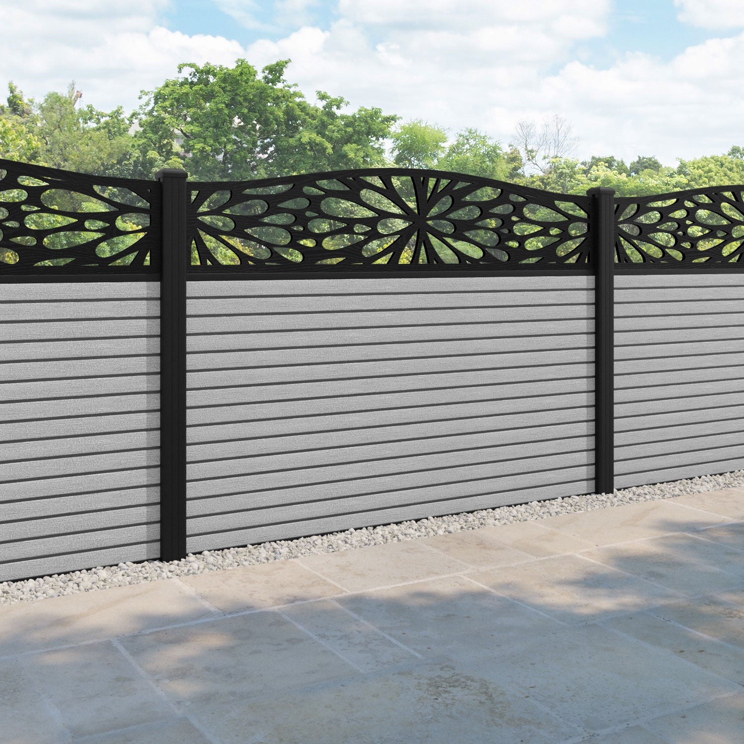 Hudson Blossom Curved Top Fence Panel - Light Grey - with our aluminium posts