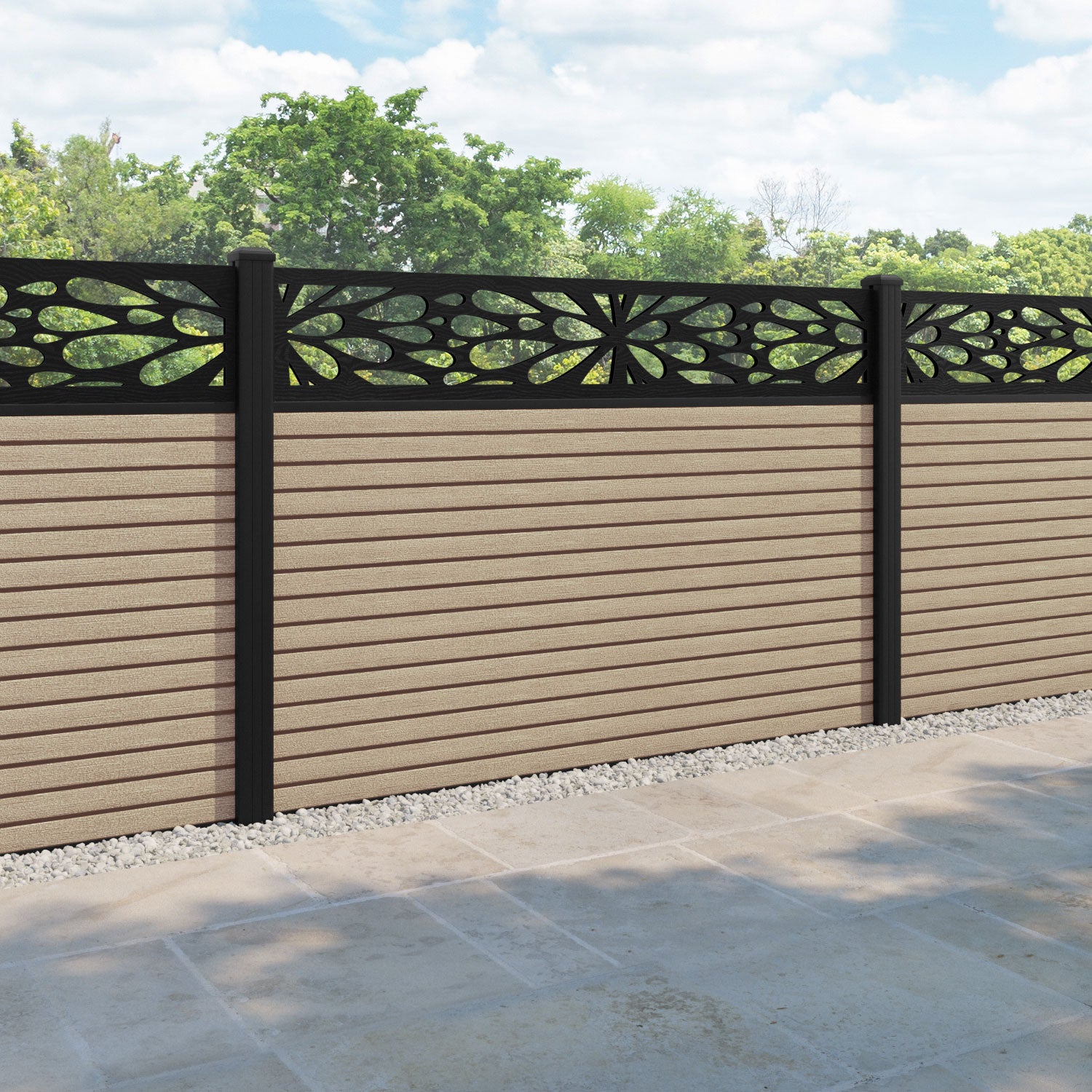 Hudson Blossom Fence Panel - Light Oak - with our aluminium posts