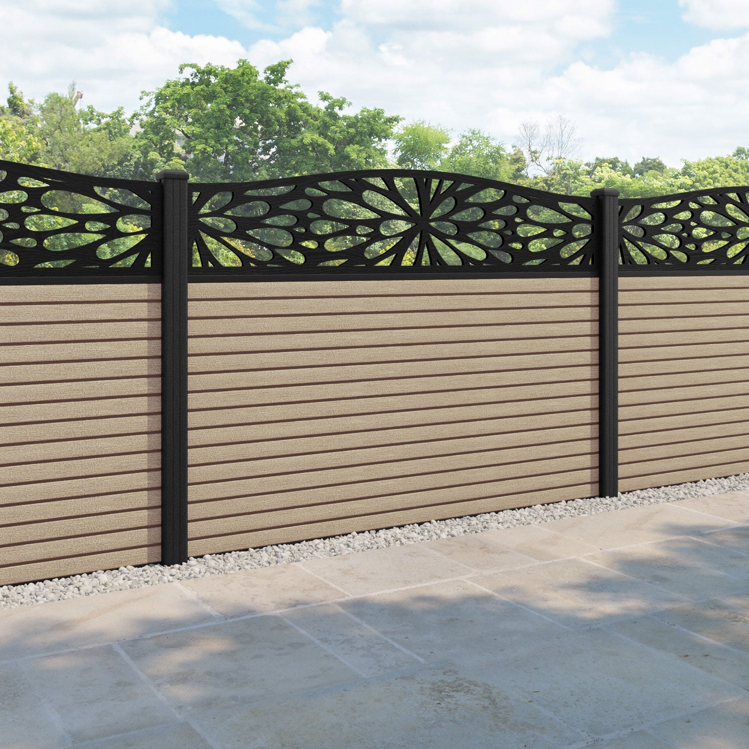 Hudson Blossom Curved Top Fence Panel - Light Oak - with our composite posts