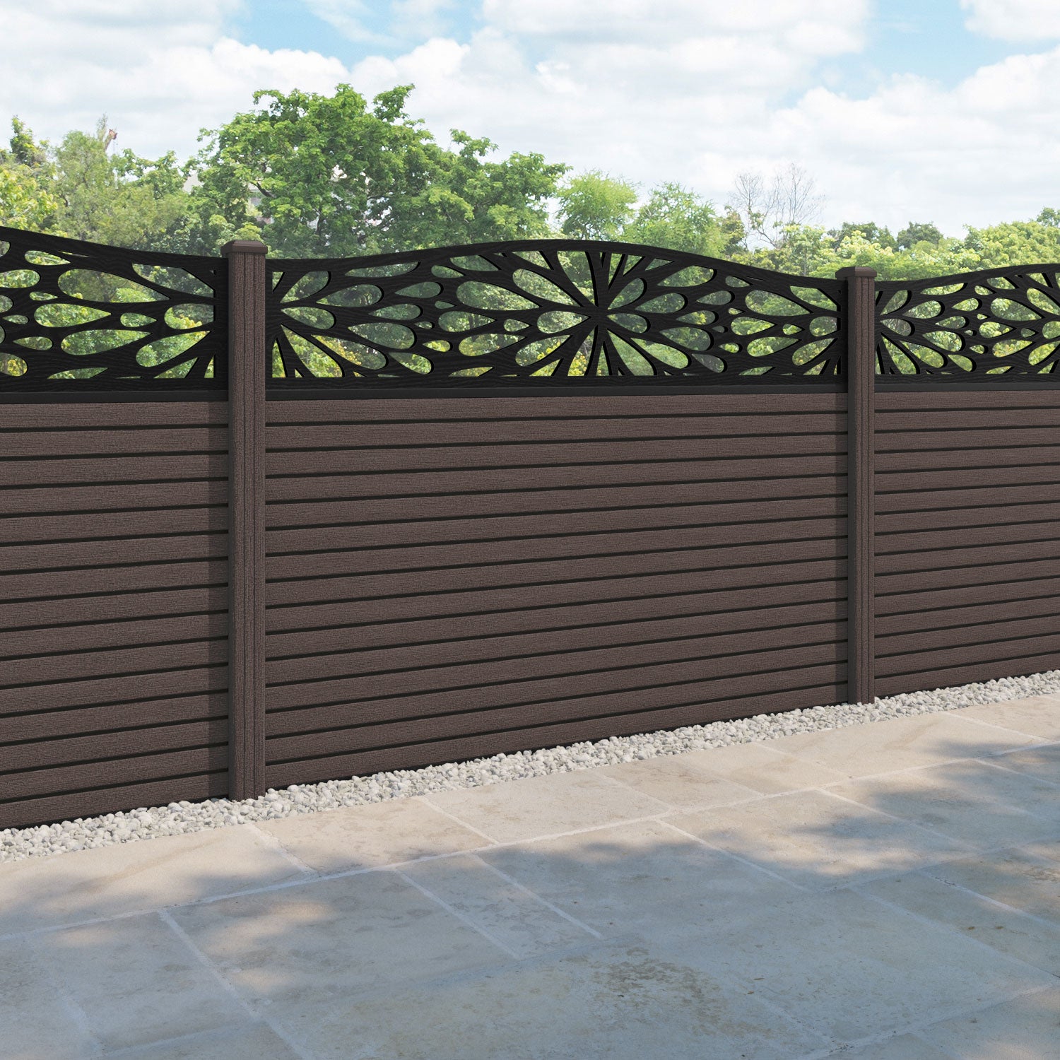 Hudson Blossom Curved Top Fence Panel - Mid Brown - with our composite posts