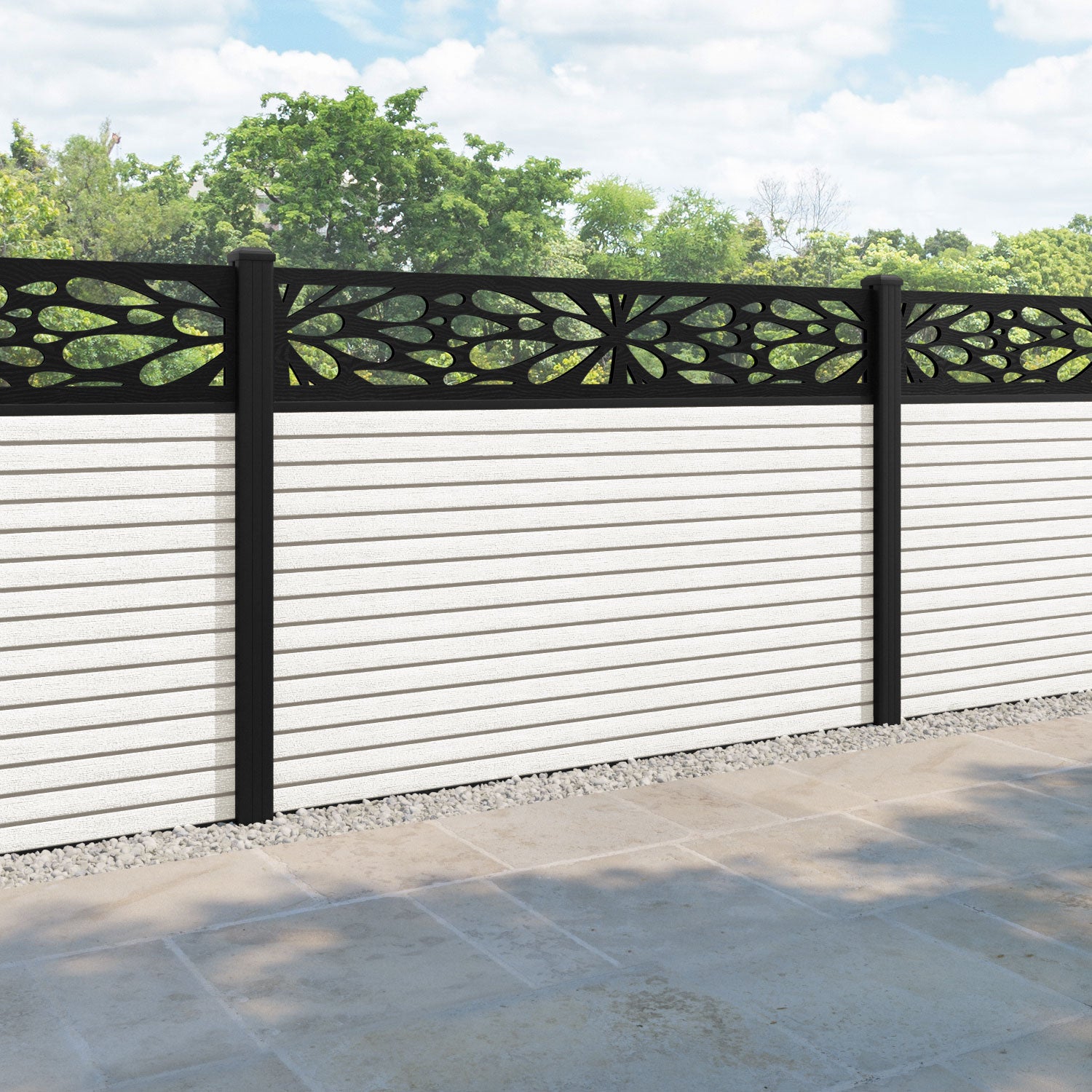Hudson Blossom Fence Panel - Light Stone - with our aluminium posts
